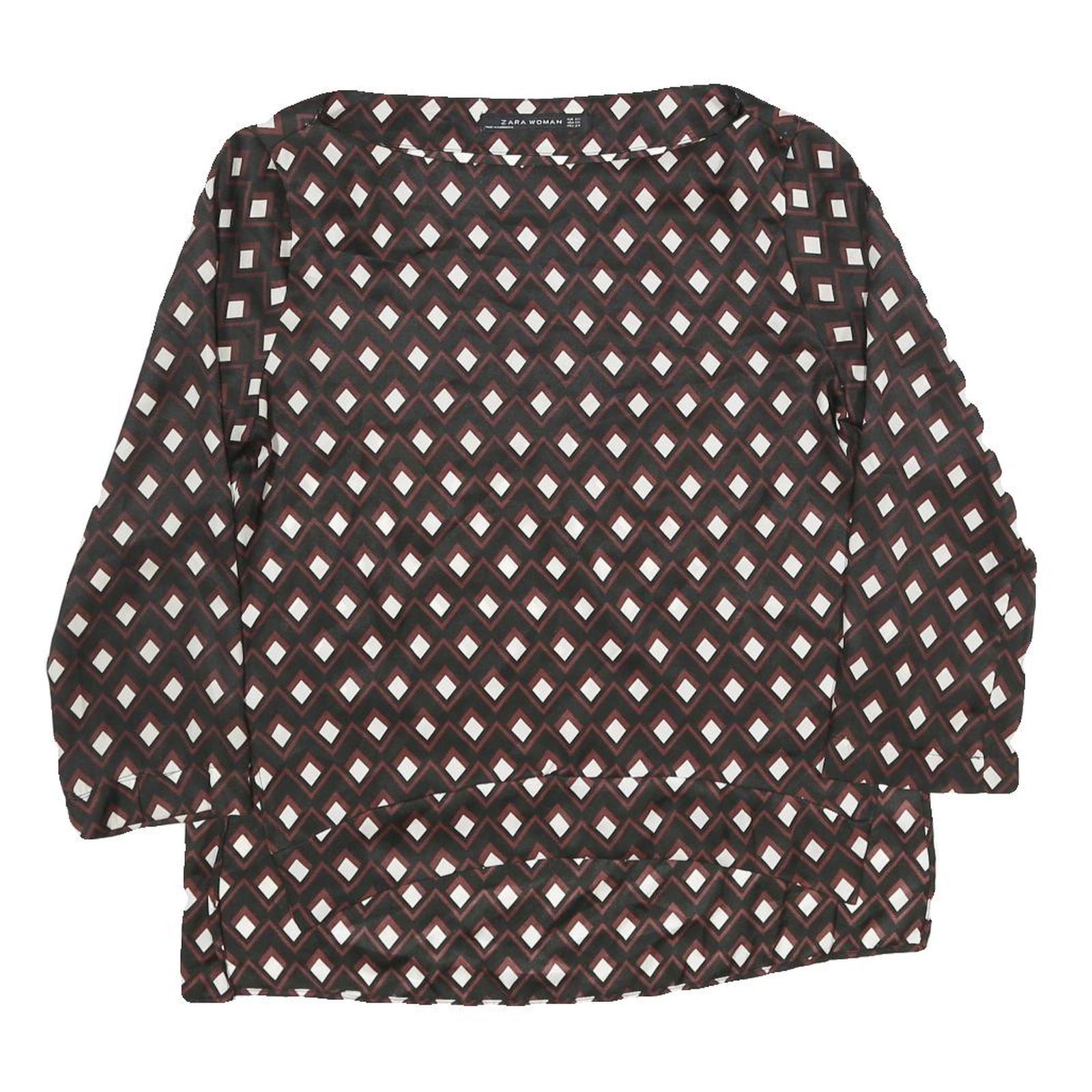 ZARA Womens Brown & Cream Printed Blouse Long Sleeve Round Neck XS Top Geometric Refurbished - N/A refurbished available on Cerqular