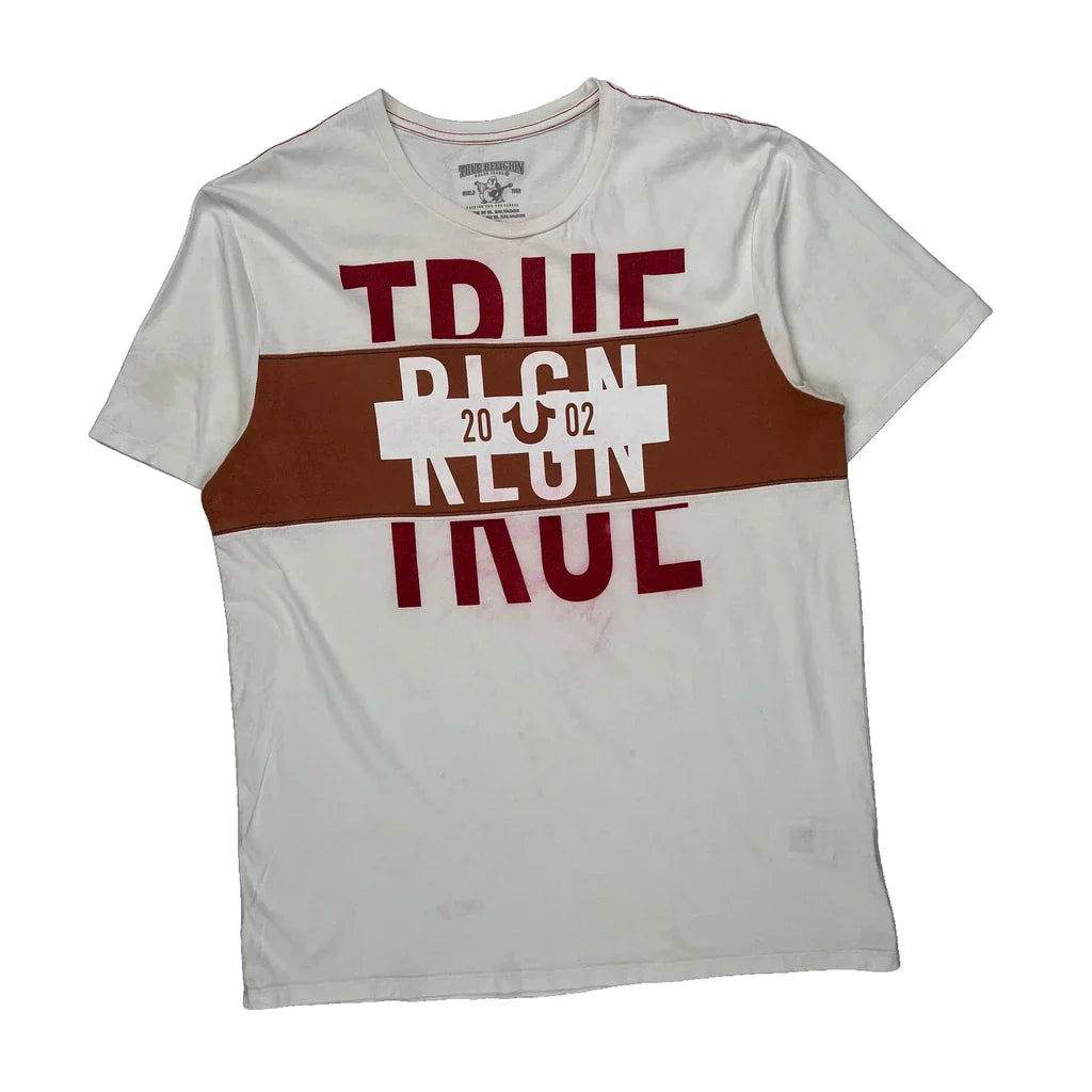 Buy True Religion T-Shirt - XL Brown Cotton Refurbished - $24.11 True Religion T-Shirt - XL Brown Cotton Refurbished - Thrifted (note: this is a term often used to describe second- refurbished available on Cerqular
