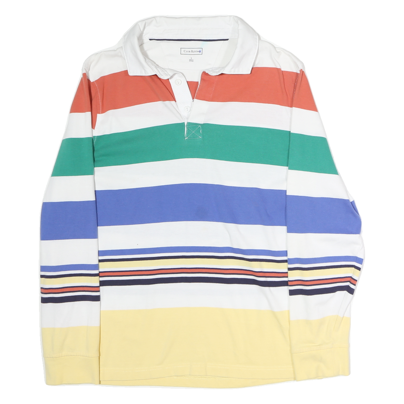 CLUB ROOM Mens White & Multi Long Sleeve Striped Polo Shirt L Cotton Casual Refurbished - N/A refurbished available on Cerqular