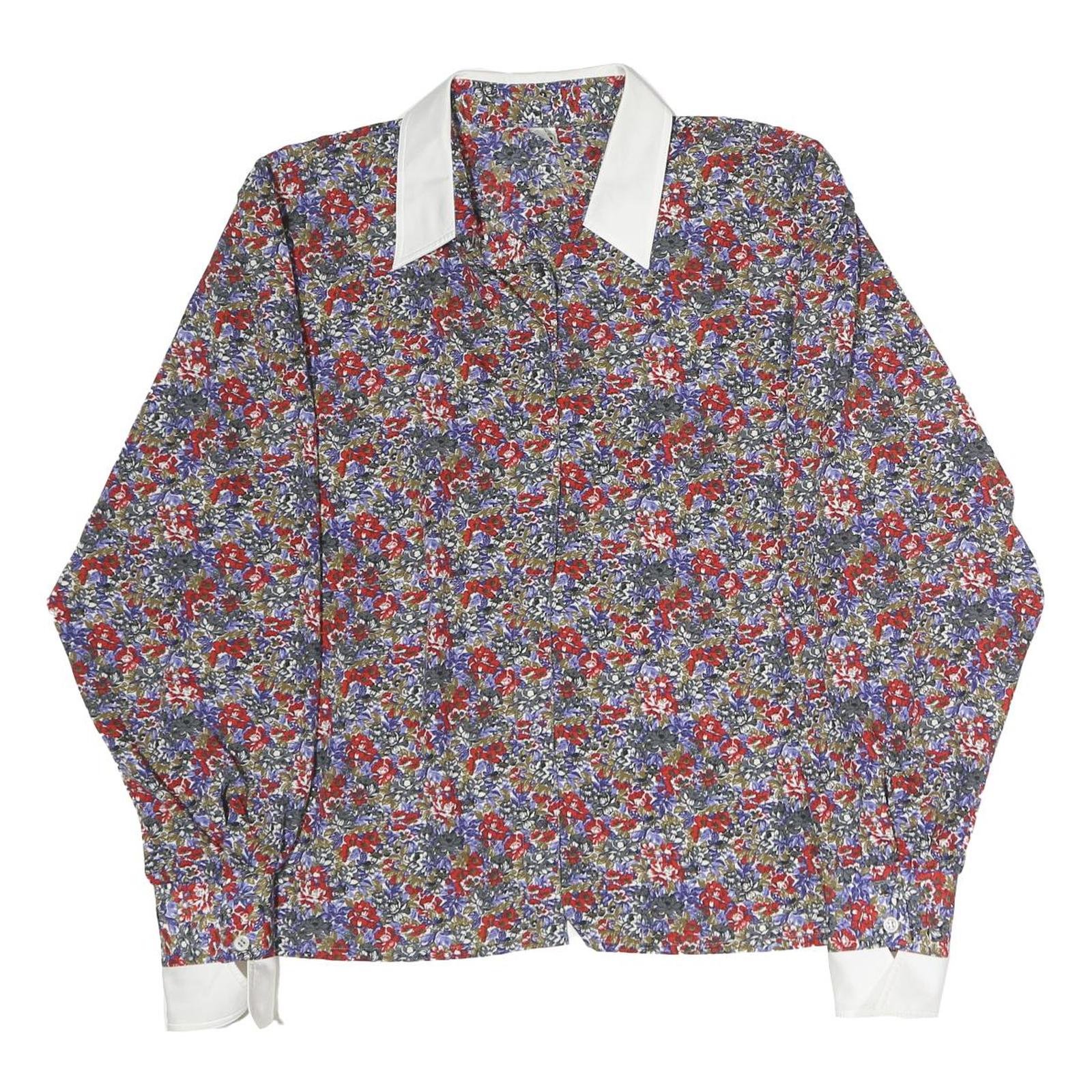 TRU Womens Red Blue Floral Print Shirt Long Sleeve Button Neck M Elegant Style Refurbished - N/A refurbished available on Cerqular