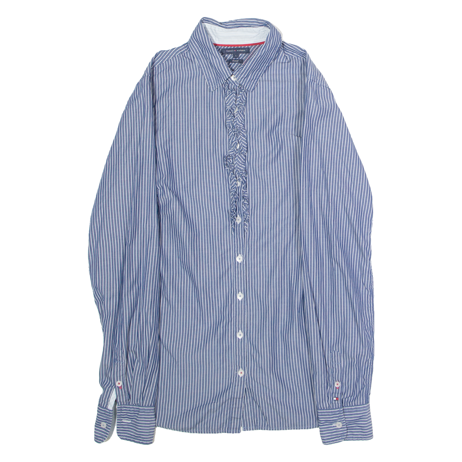 TOMMY HILFIGER Fitted Ruffle Womens Shirt Blue Striped Long Sleeve S Refurbished - N/A refurbished available on Cerqular