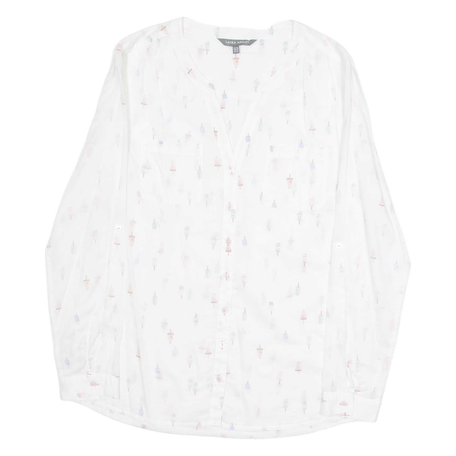 LAURA ASHLEY Womens Printed Blouse White V-Neck Long Sleeve Crazy Pattern UK 12 Refurbished - N/A refurbished available on Cerqular