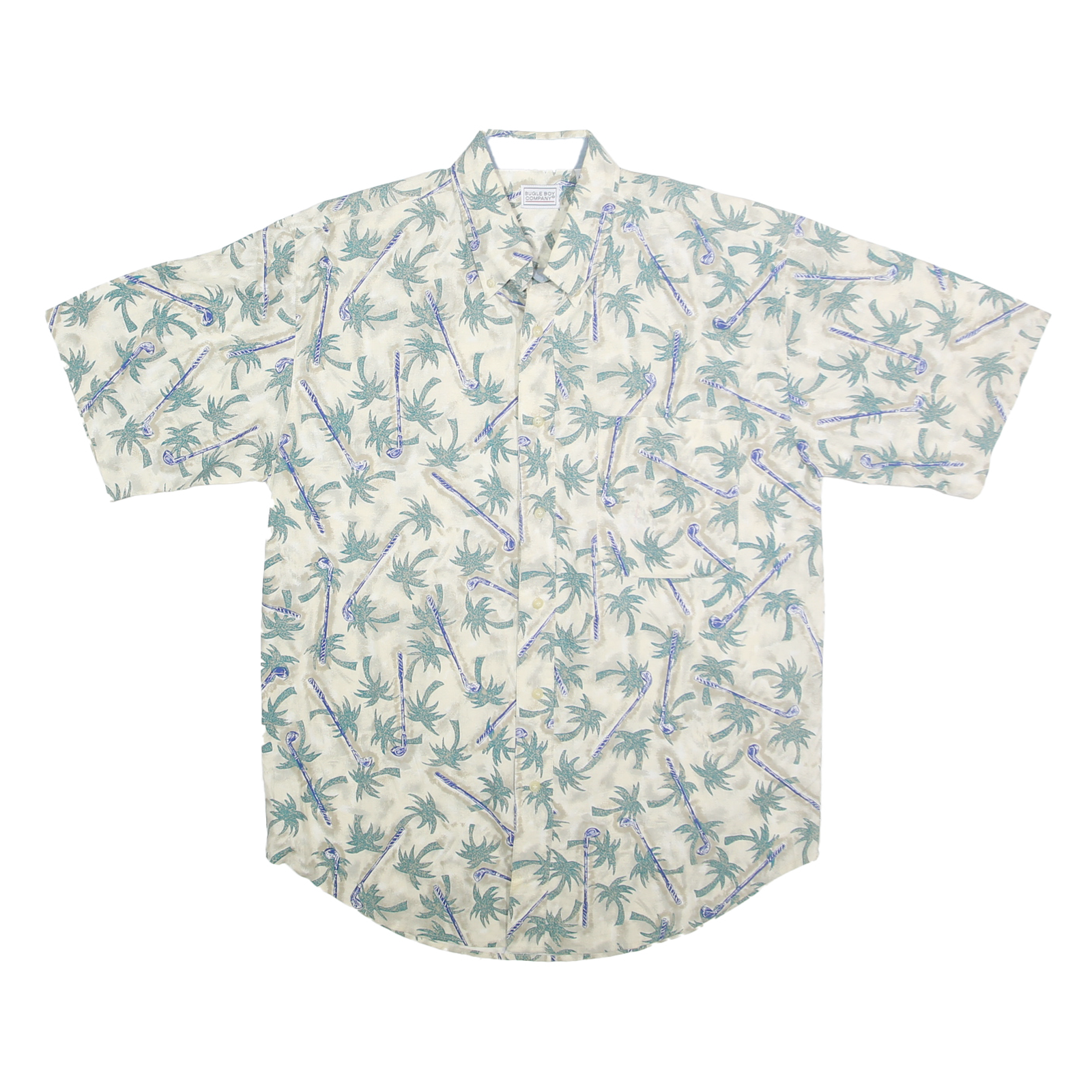 BUGLE BOY Mens Cream & Green Palm Tree Cotton Shirt M Short Sleeve Casual Refurbished - N/A refurbished available on Cerqular