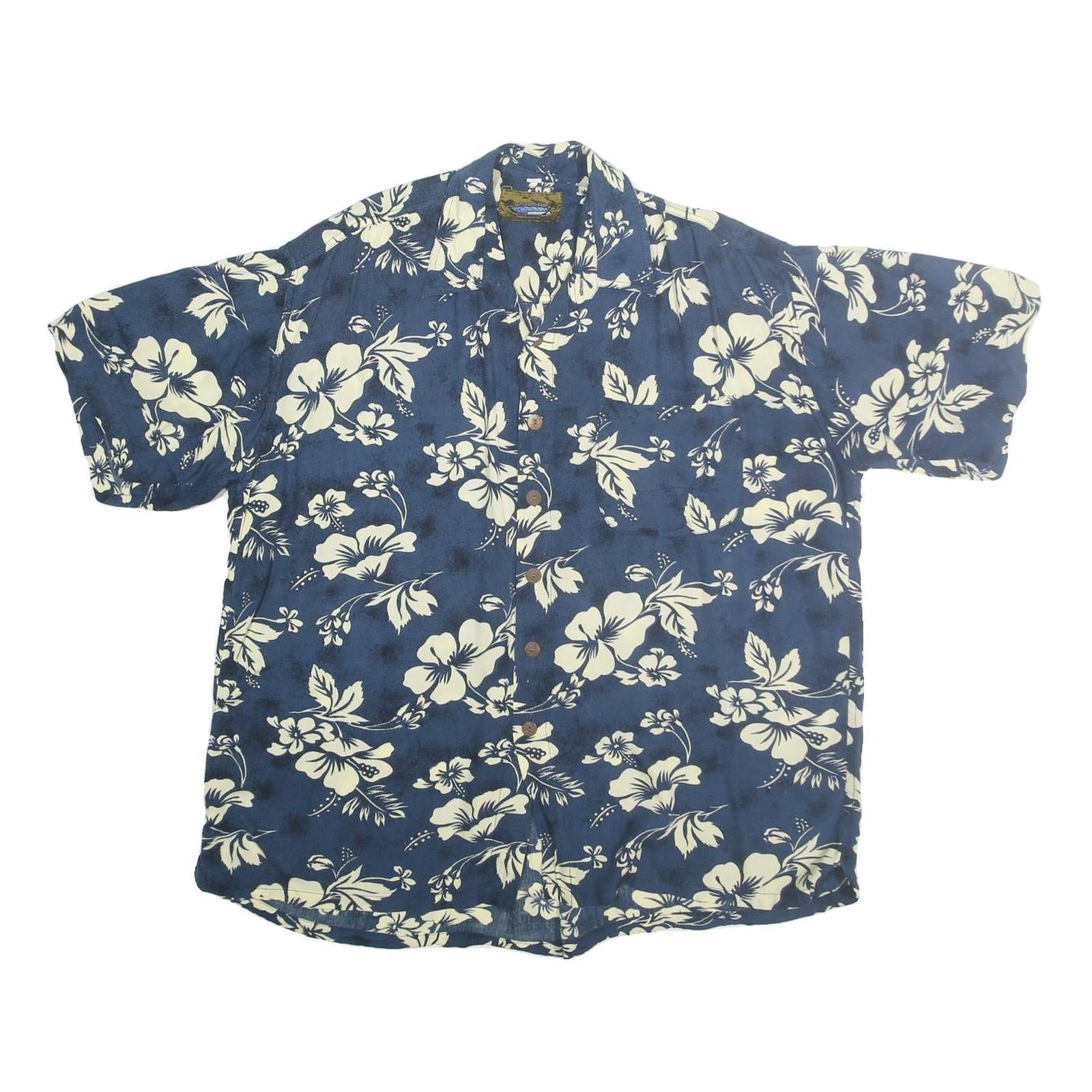 DREAMLAND Mens Blue & Cream Floral Cotton Shirt L Summer Casual Hawaiian Refurbished - N/A refurbished available on Cerqular