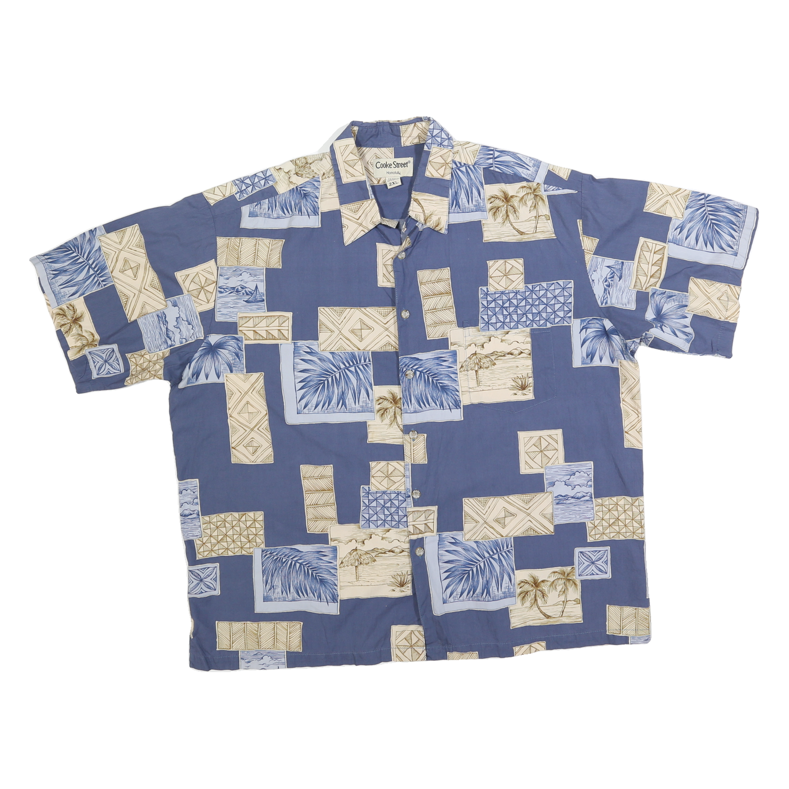 COOKE STREET Mens Blue Beige Hawaiian Shirt 2XL Cotton Blend Relaxed Fit Summer Refurbished - N/A refurbished available on Cerqular