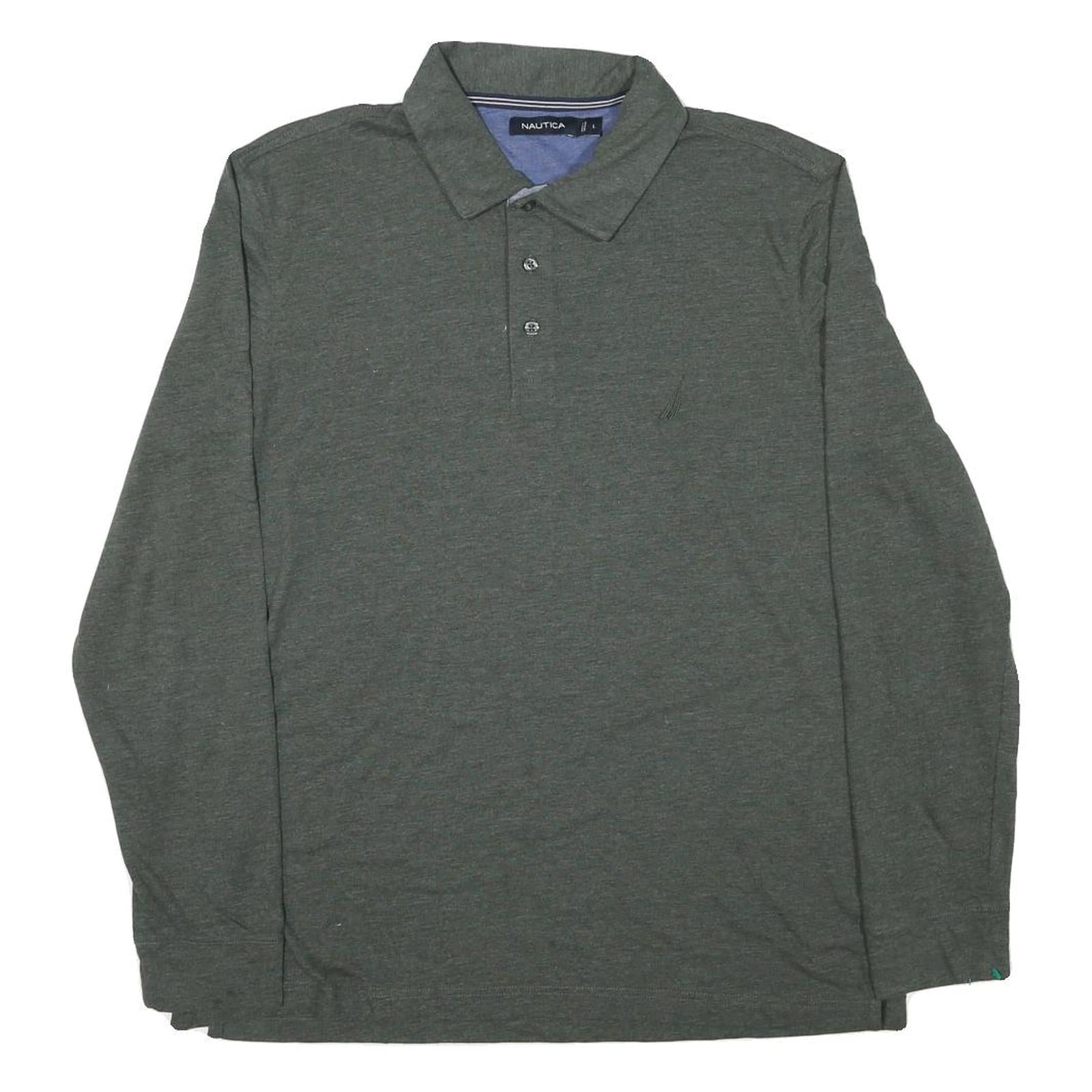 NAUTICA Mens Green Long Sleeve Plain Polo Shirt L Cotton Blend Classic Fit Refurbished - N/A refurbished available on Cerqular