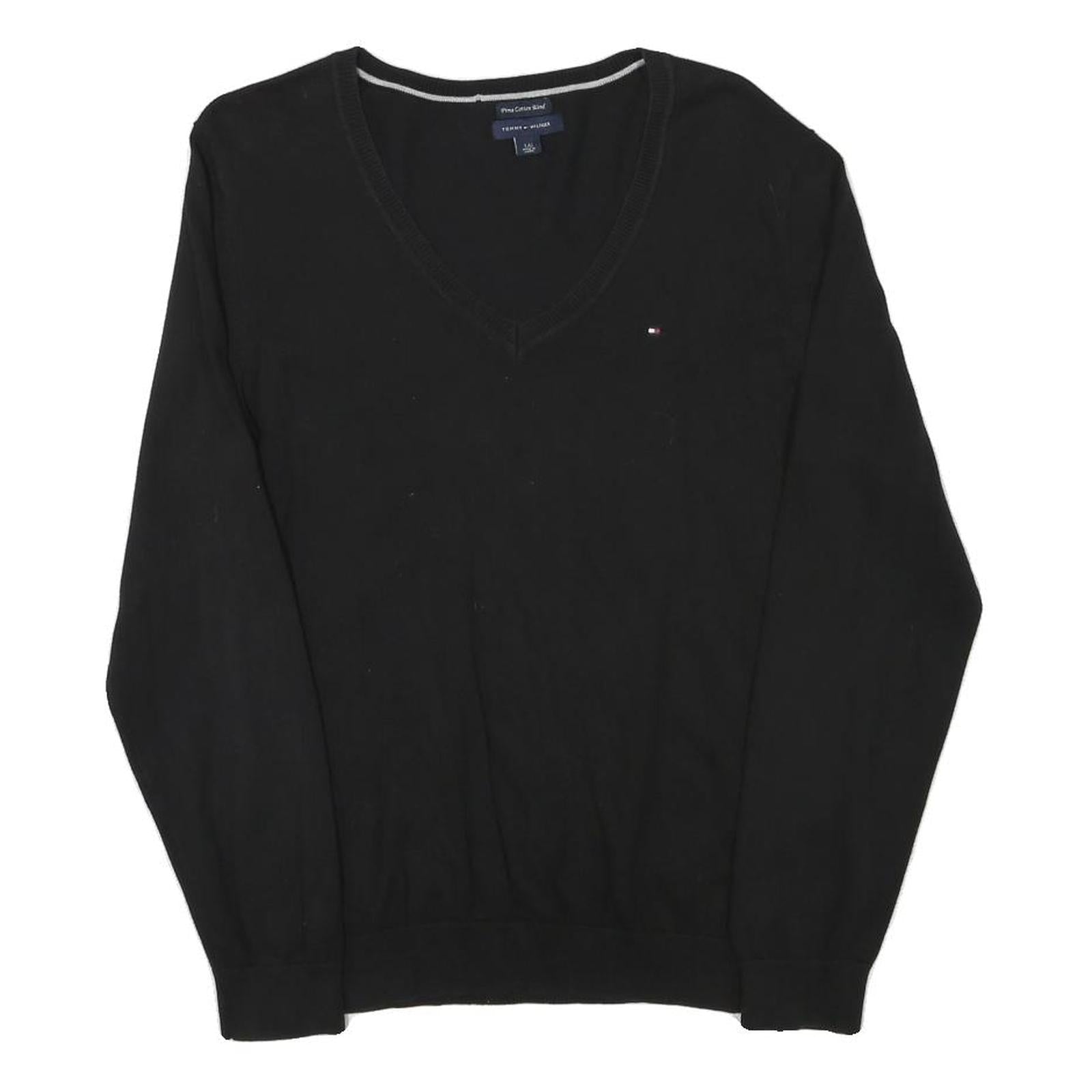 TOMMY HILFIGER Mens Black Plain Cotton Blend Jumper V-Neck Basic Knit L Classic Refurbished - N/A refurbished available on Cerqular