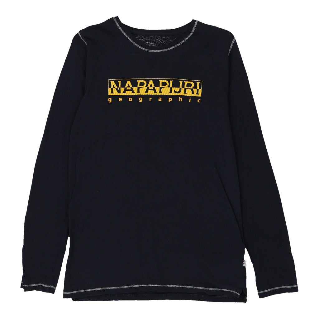 Age 14 Napapijri Spellout Long Sleeve T-Shirt - Medium Navy Cotton | Size: medium Refurbished - N/A (Preloved Designer is not a specific brand, it refurbished available on Cerqular