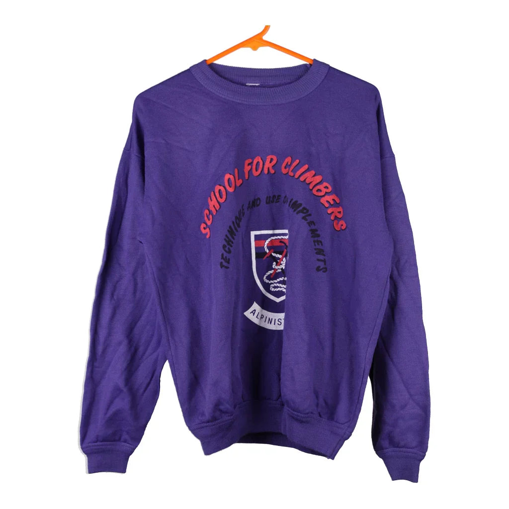 School for Climbers Unbranded Spellout Sweatshirt - Medium Purple Cotton Refurbished - Thrifted (note: this is a term often used to describe second- refurbished available on Cerqular