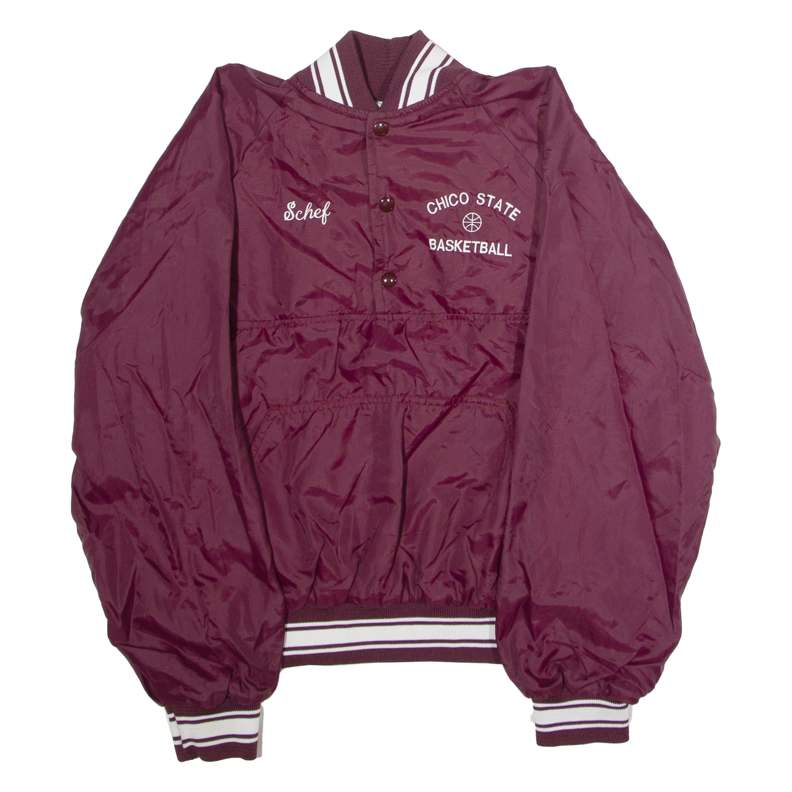 Buy Chico State Basketball 'Schef' Mens Pullover Jacket Maroon Nylon 80s USA M Refurbished - $36.39 Chico State Basketball 'Schef' Mens Pullover Jacket Maroon Nylon 80s USA M Refurbished - N/A refurbished available on Cerqular