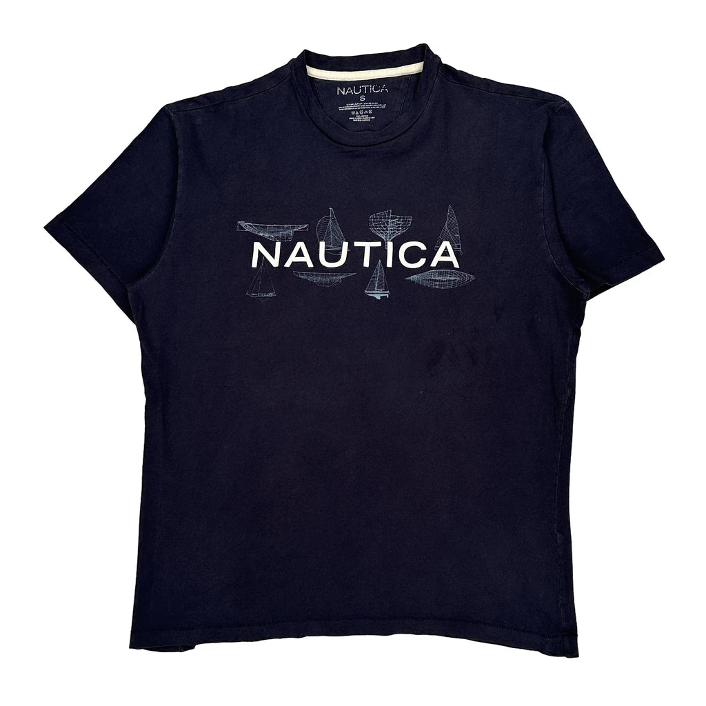 Nautica Spellout T-Shirt - Small Navy Cotton Refurbished - Thrifted (note: this is a term often used to describe second- refurbished available on Cerqular