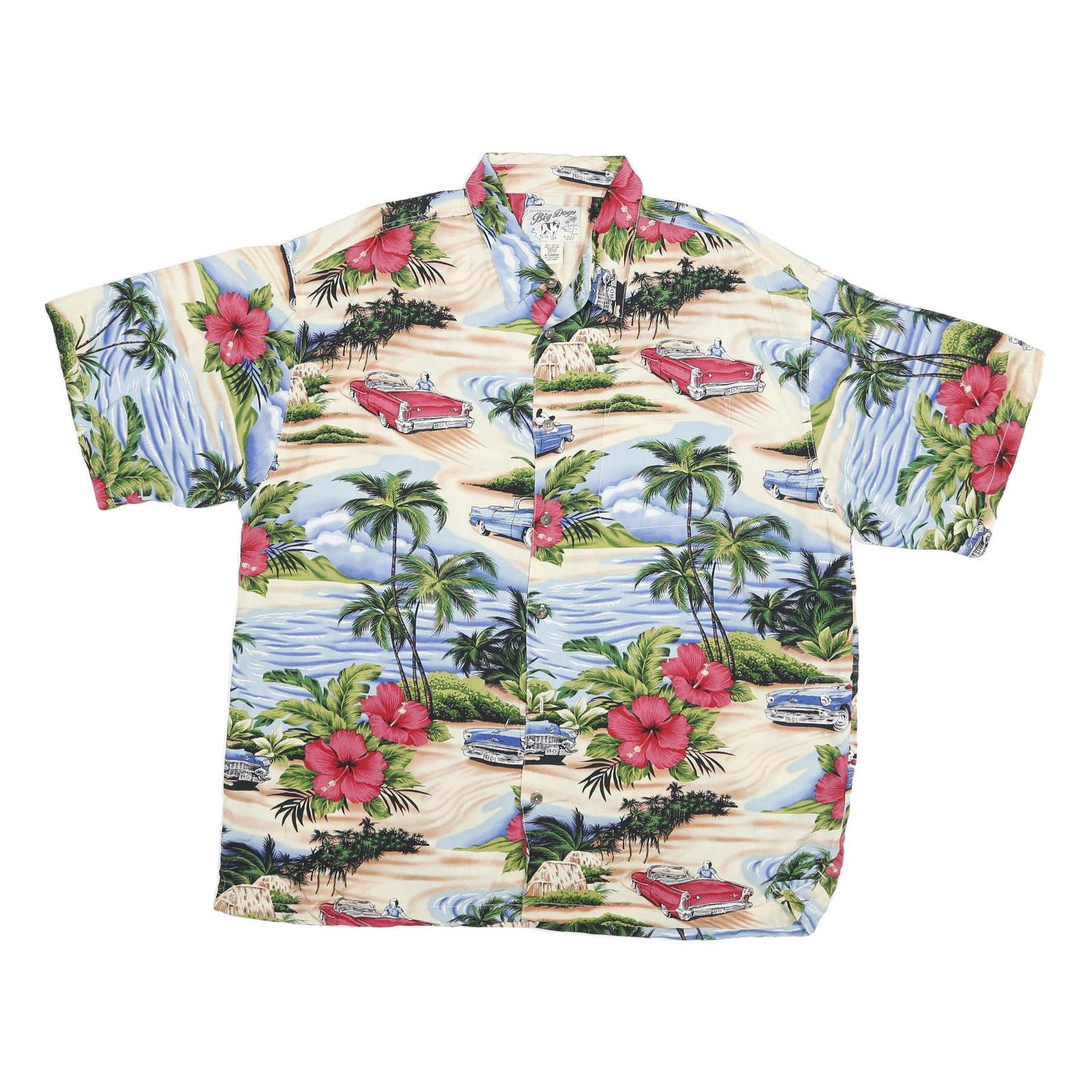 BIG DOG Mens Blue & Cream Hawaiian Shirt XL Retro Beach Cars Palm Trees Refurbished - N/A refurbished available on Cerqular