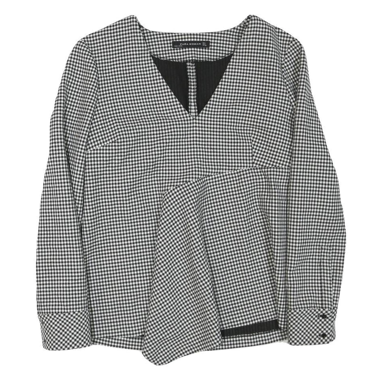ZARA Womens Black & White Check Printed Blouse Long Sleeve V-Neck L Peplum Refurbished - N/A refurbished available on Cerqular