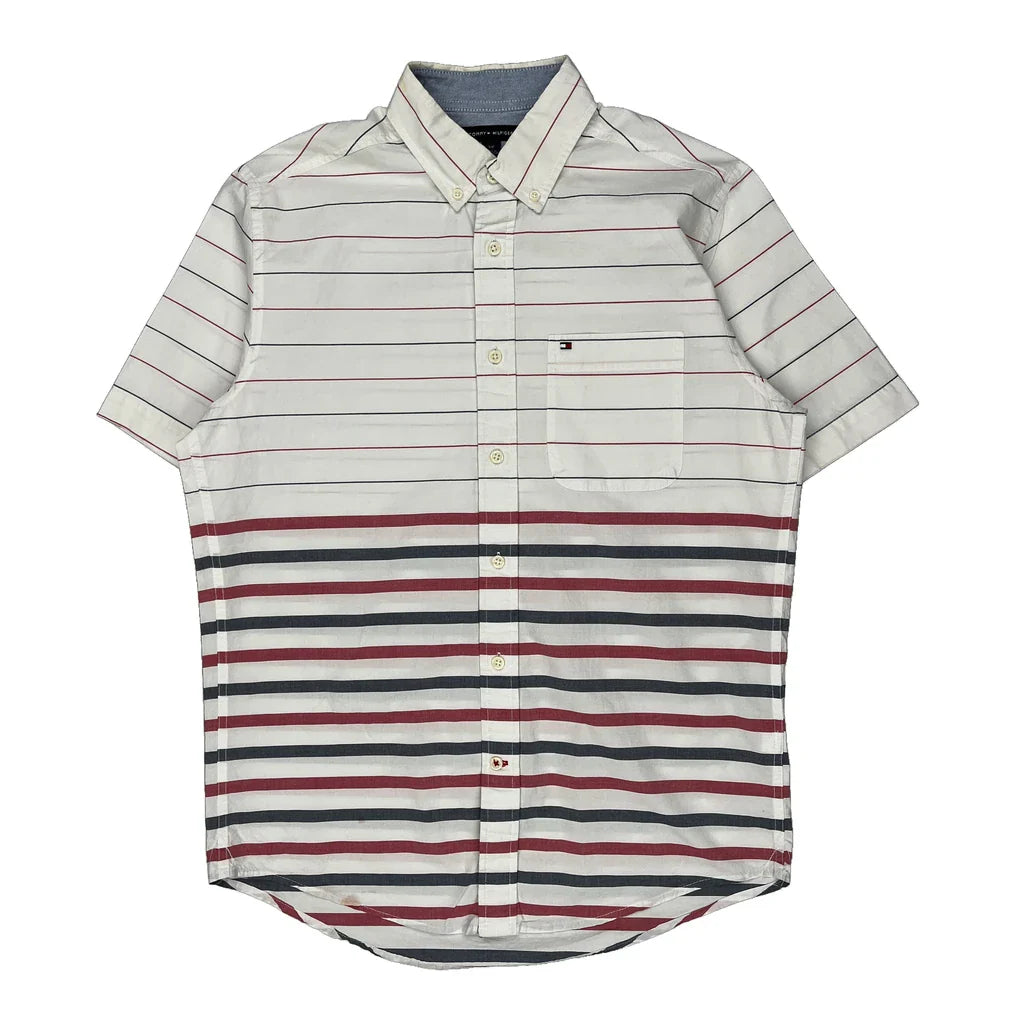 Tommy Hilfiger Striped Short Sleeve Shirt - Small White Cotton Refurbished - Thrifted (note: this is a term often used to describe second- refurbished available on Cerqular