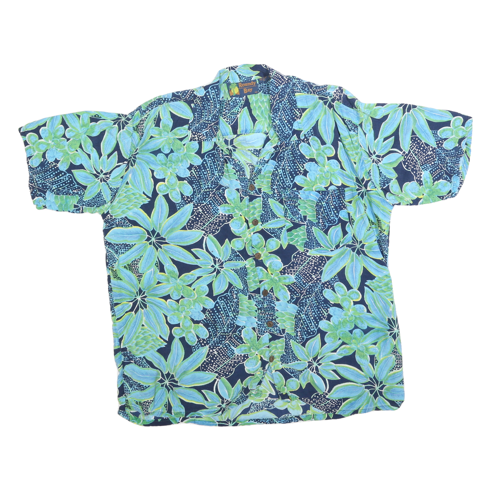 ROUNDY BAY Mens Blue & Green Floral Cotton Blend Shirt XL Hawaiian Style Refurbished - N/A refurbished available on Cerqular