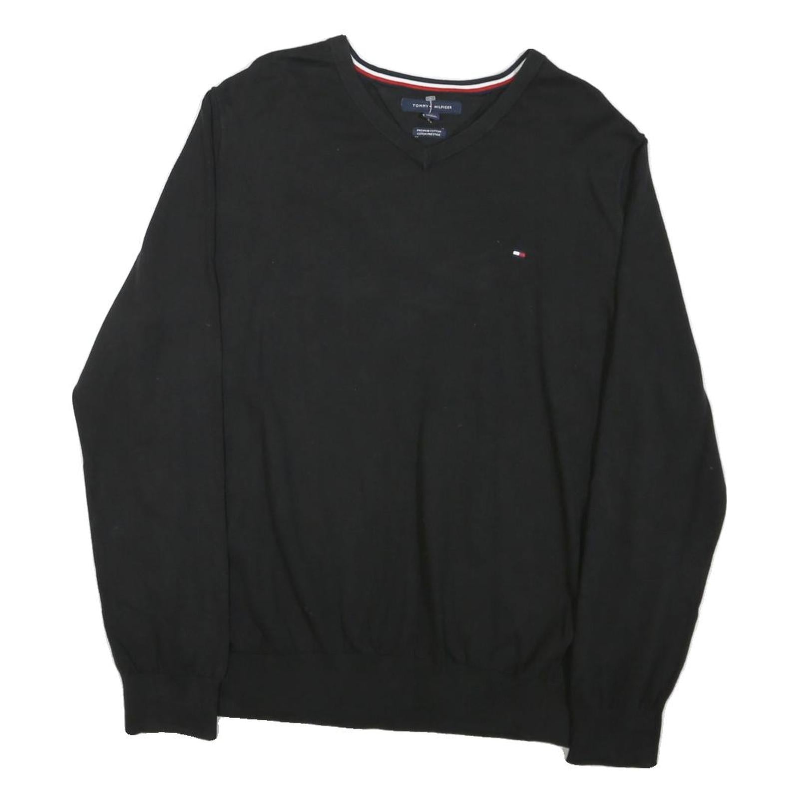 TOMMY HILFIGER Mens Black Plain Cotton Blend V-Neck Regular Jumper L Classic Refurbished - N/A refurbished available on Cerqular