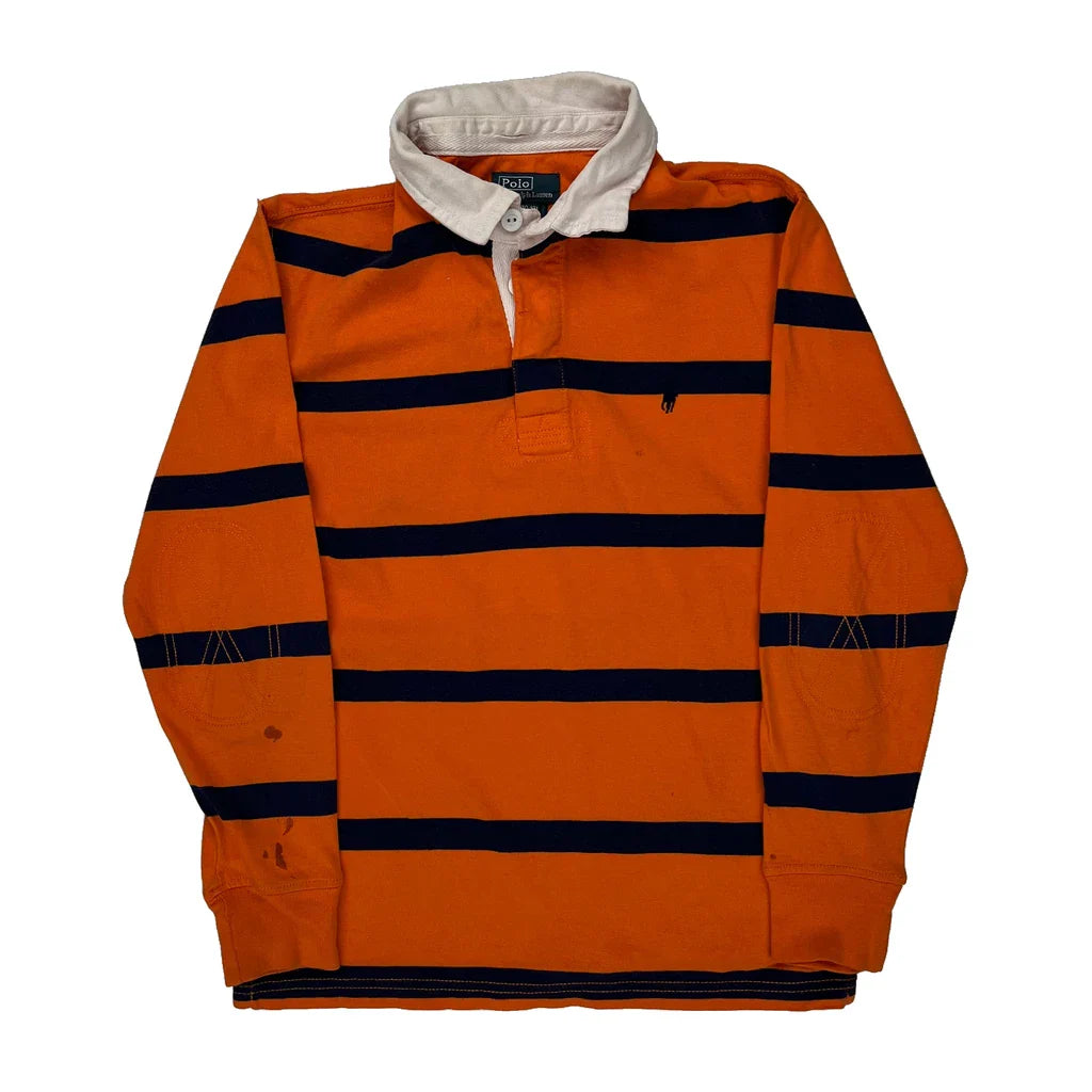 Age 10-12 Polo By Ralph Lauren Striped Rugby Shirt - Medium Navy Cotton Refurbished - Thrifted (note: this is a term often used to describe second- refurbished available on Cerqular