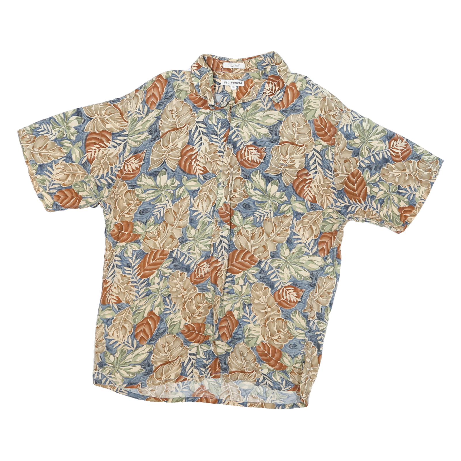 VIA VENTO Mens Beige & Blue Leaf Pattern Rayon Shirt XL Summer Casual Refurbished - N/A refurbished available on Cerqular