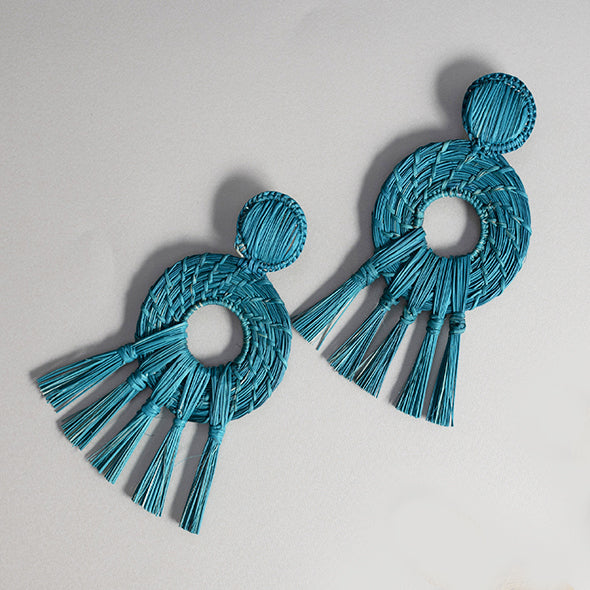 Oasis Blue Earrrings - Handmade Iraca Palm Earrings | Color: Blue Refurbished - Apalma Handmade refurbished available on Cerqular