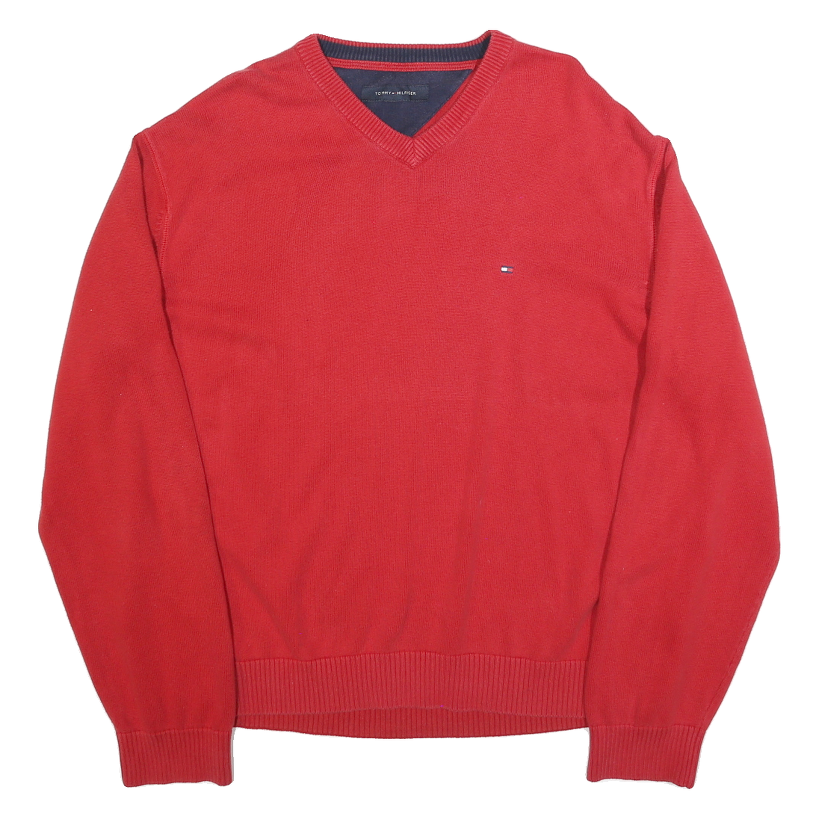 TOMMY HILFIGER Mens Red Plain Jumper V-Neck Basic Knit XL Classic Cotton Refurbished - N/A refurbished available on Cerqular