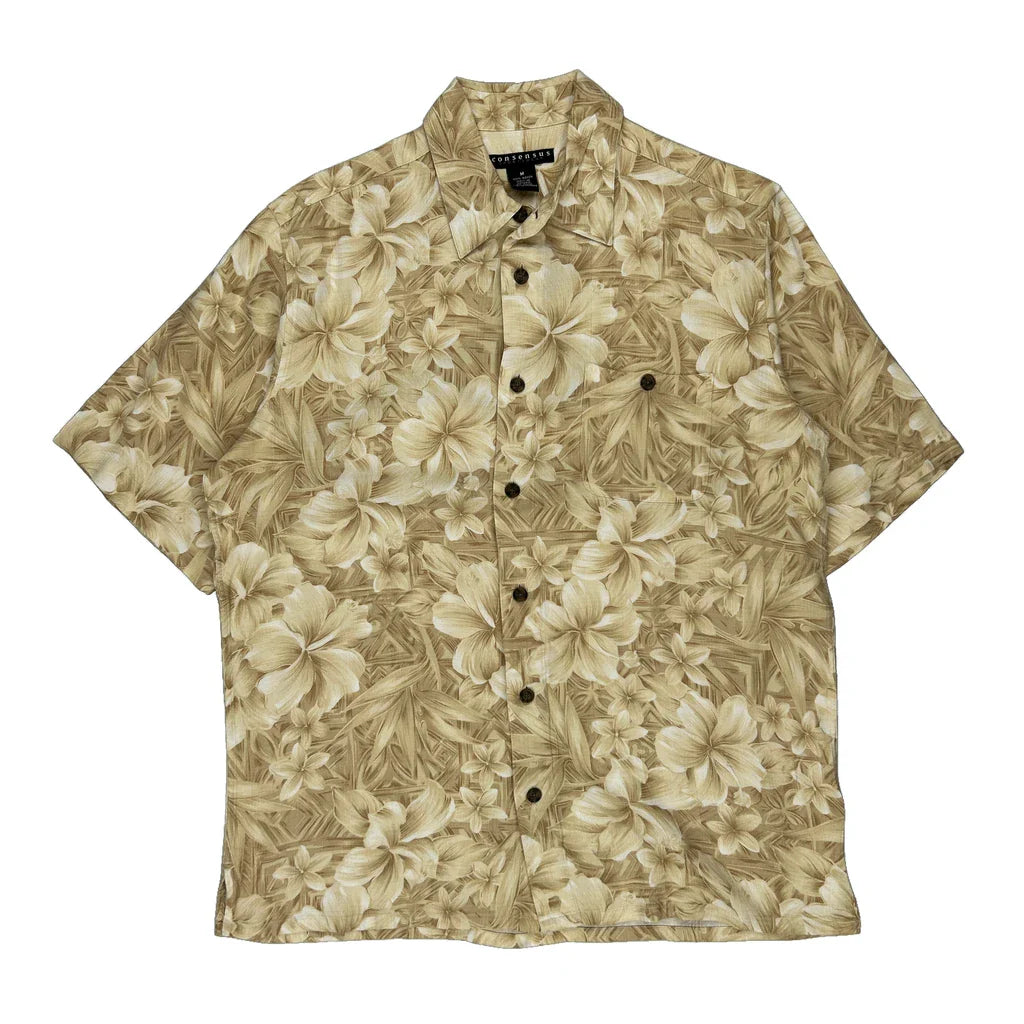 Consensus Floral Hawaiian Shirt - Medium Beige Viscose Refurbished - Thrifted (note: this is a term often used to describe second- refurbished available on Cerqular