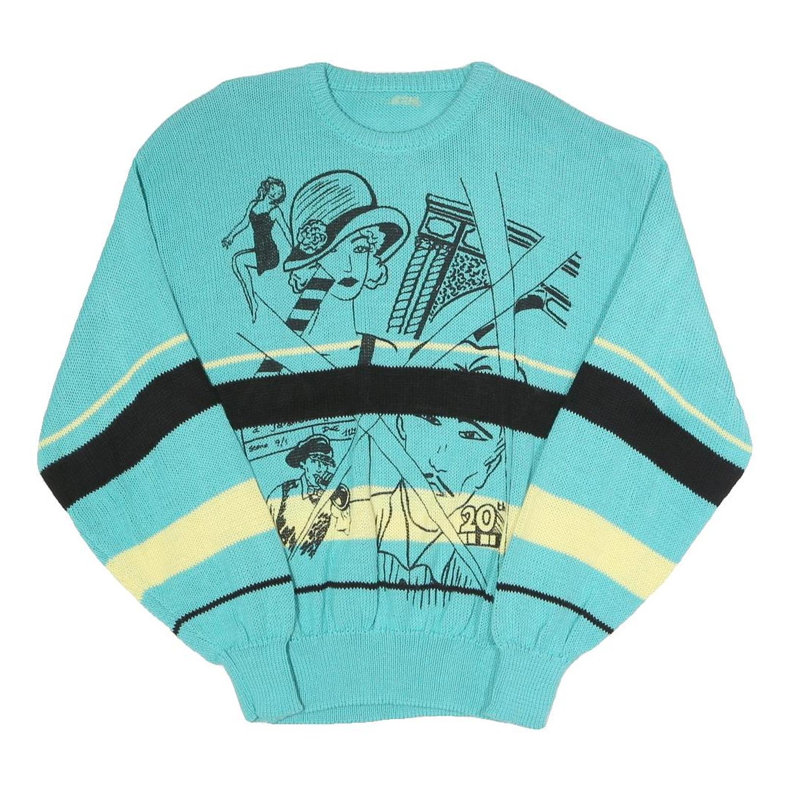 Womens Blue & Cream Cartoon Pattern Cotton Blend Patterned Crew Neck Basic Knit Refurbished - N/A refurbished available on Cerqular