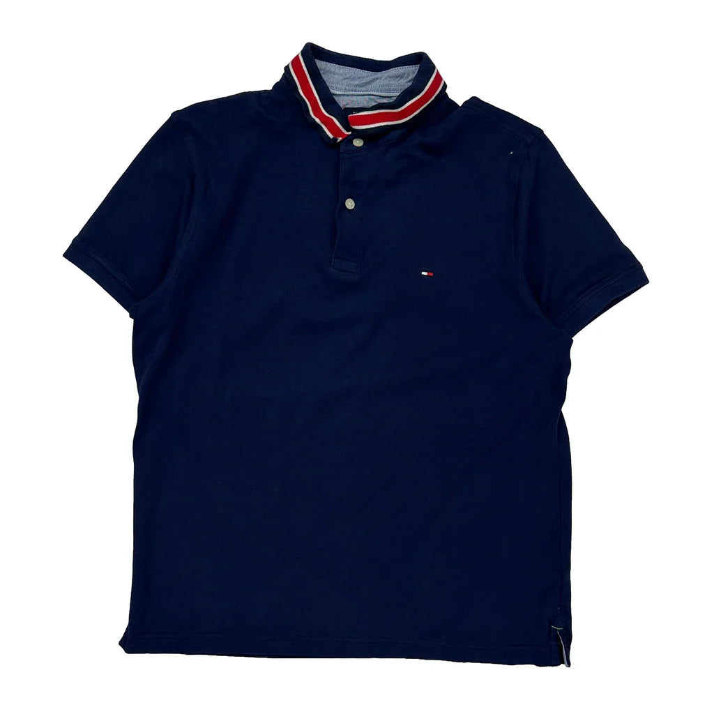 Tommy Hilfiger Striped Polo Shirt - Medium Navy Cotton Refurbished - Thrifted (note: this is a term often used to describe second- refurbished available on Cerqular