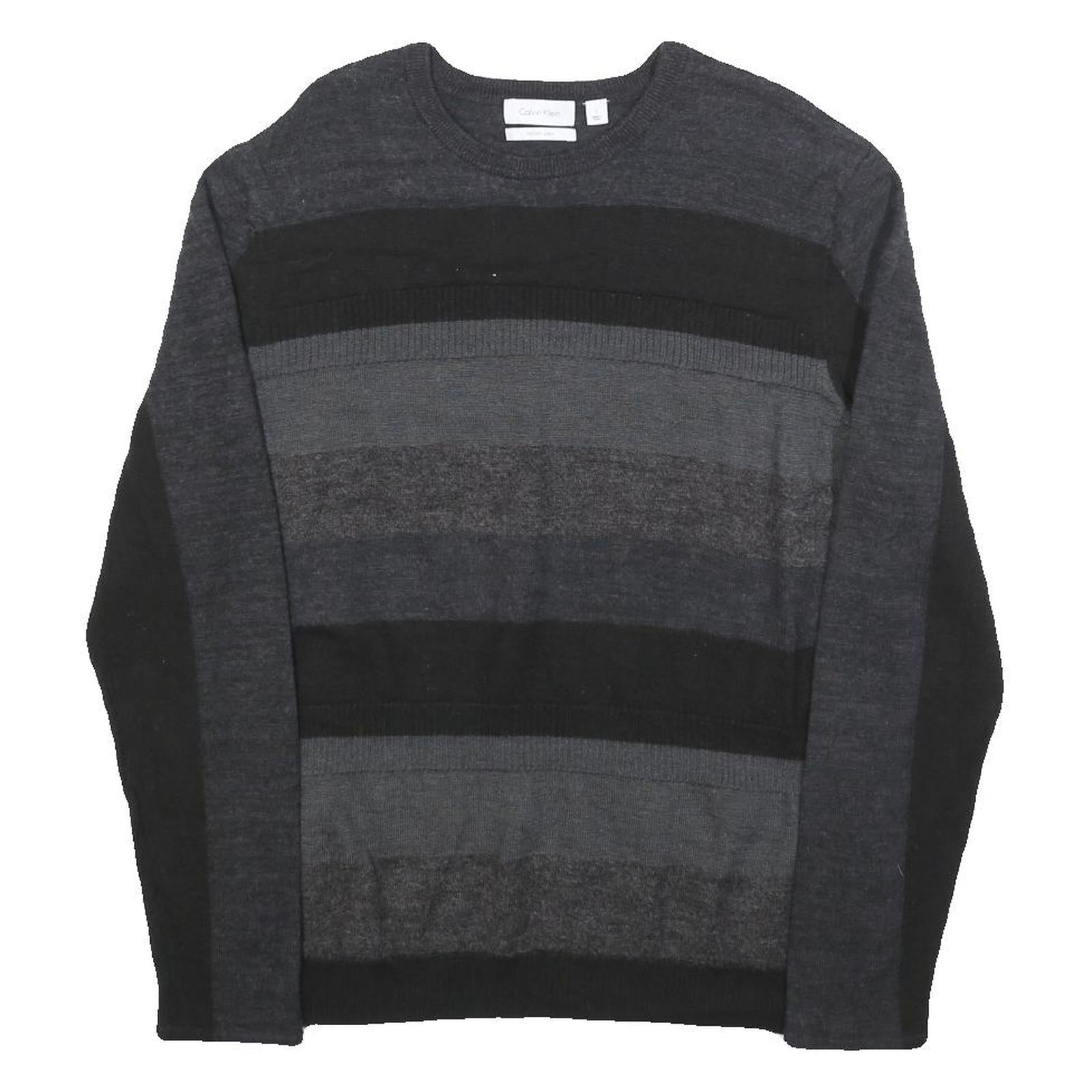 CALVIN KLEIN Mens Black & Grey Patterned Wool Blend Jumper Crew Neck Basic Knit Refurbished - N/A refurbished available on Cerqular