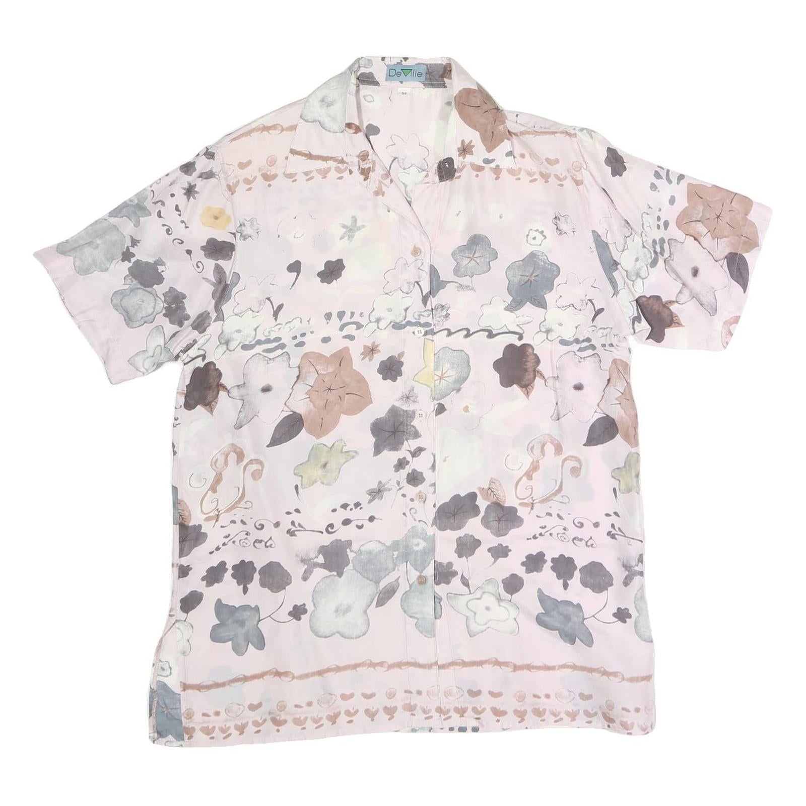 DE VILLE Womens Pink Printed Silk Shirt Short Sleeve Collar S Elegant Floral Refurbished - N/A refurbished available on Cerqular