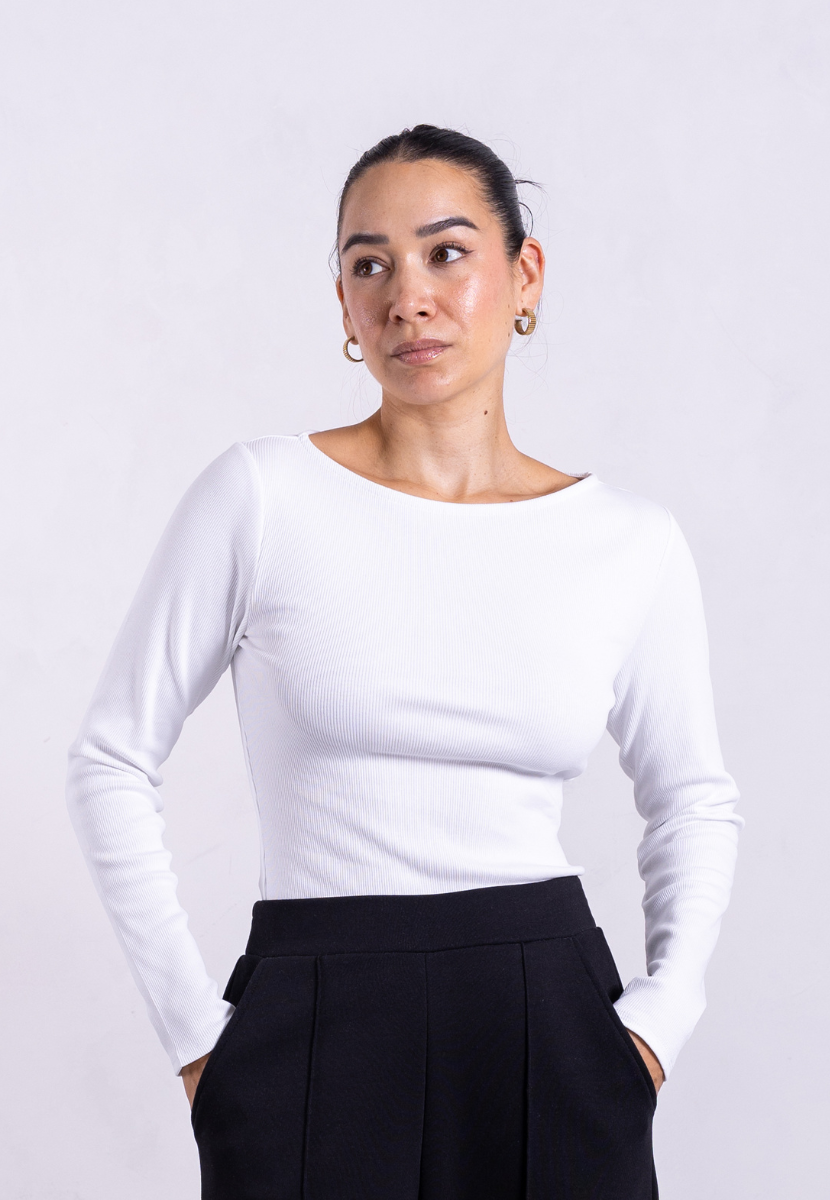 Ribbed Boat Neck Long Sleeve T-Shirt, White | Size: S Refurbished - N/A (Note: It's possible that "Pantee" refurbished available on Cerqular