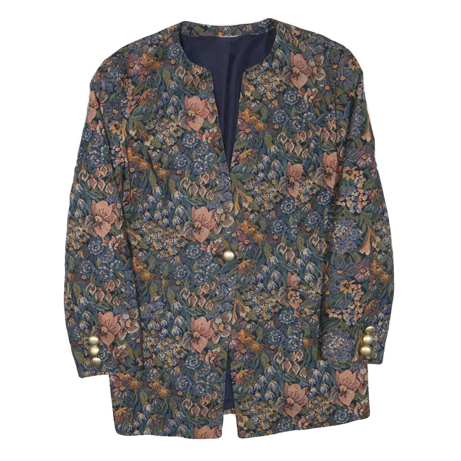 Womens Blue Floral Cotton Blend Button Jacket XL Woven Elegant Vintage Style Refurbished - N/A refurbished available on Cerqular