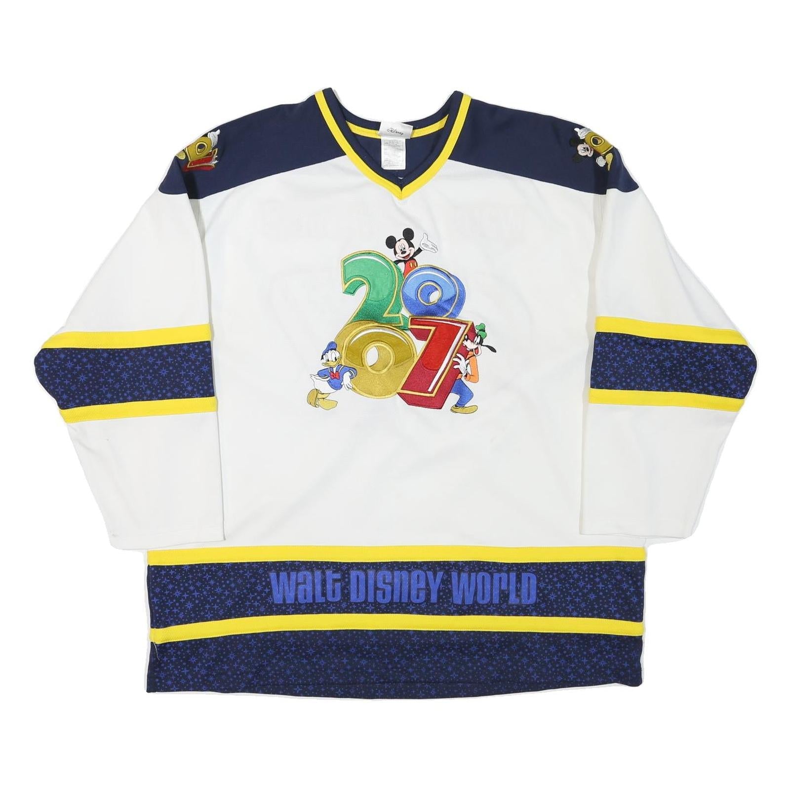 DISNEY Mens White Blue Yellow Disney 2007 Graphic T-Shirt 2XL Long Sleeve V-Neck Refurbished - N/A refurbished available on Cerqular
