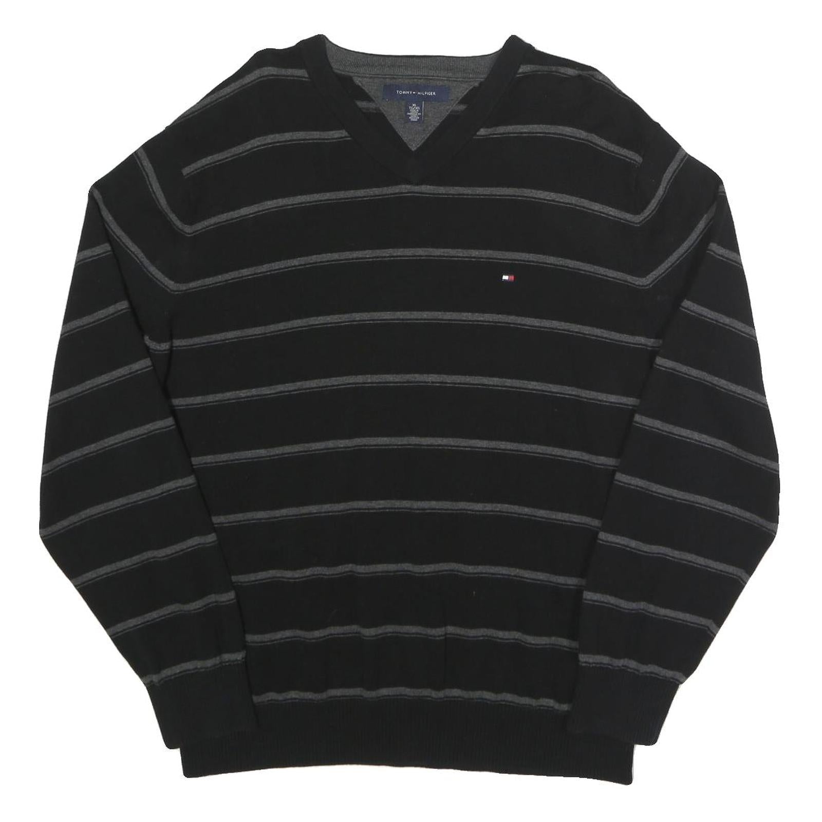 TOMMY HILFIGER Mens Black & Grey Striped Pattern Cotton Jumper V-Neck Basic Knit Refurbished - N/A refurbished available on Cerqular
