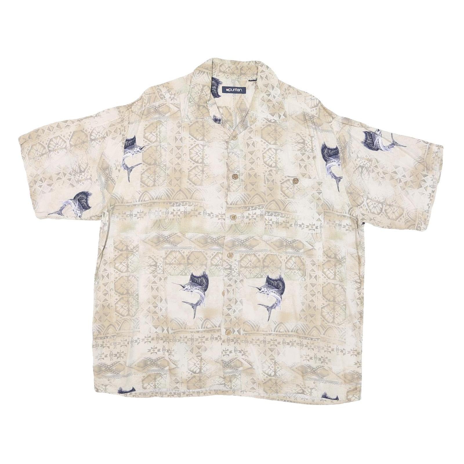 PURITAN Mens Beige Rayon L Fishing Print Shirt Short Sleeve Casual Summer Refurbished - N/A refurbished available on Cerqular