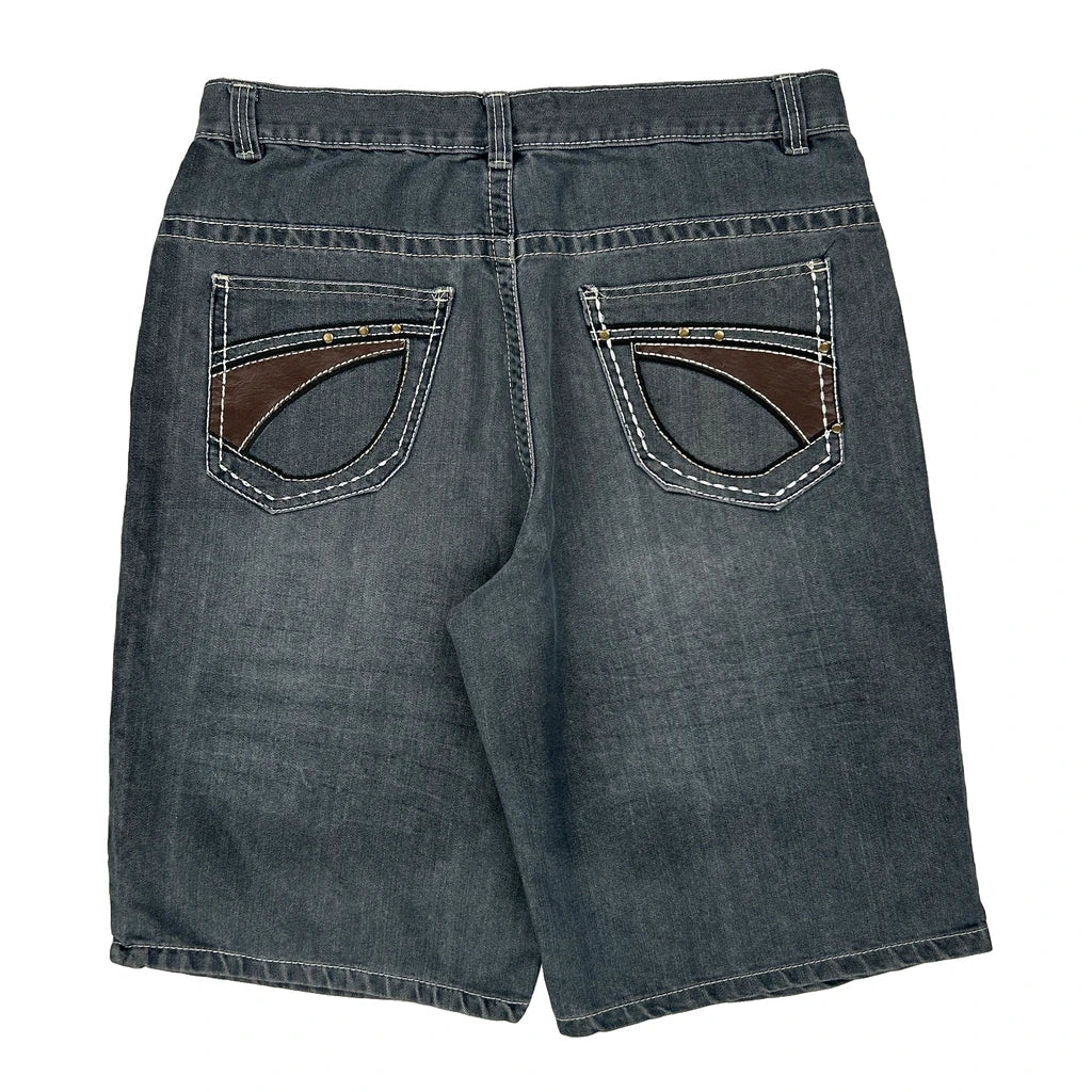 Lions Crest Denim Shorts - 36W 12L Grey Cotton Blend Refurbished - Thrifted (note: this is a term often used to describe second- refurbished available on Cerqular