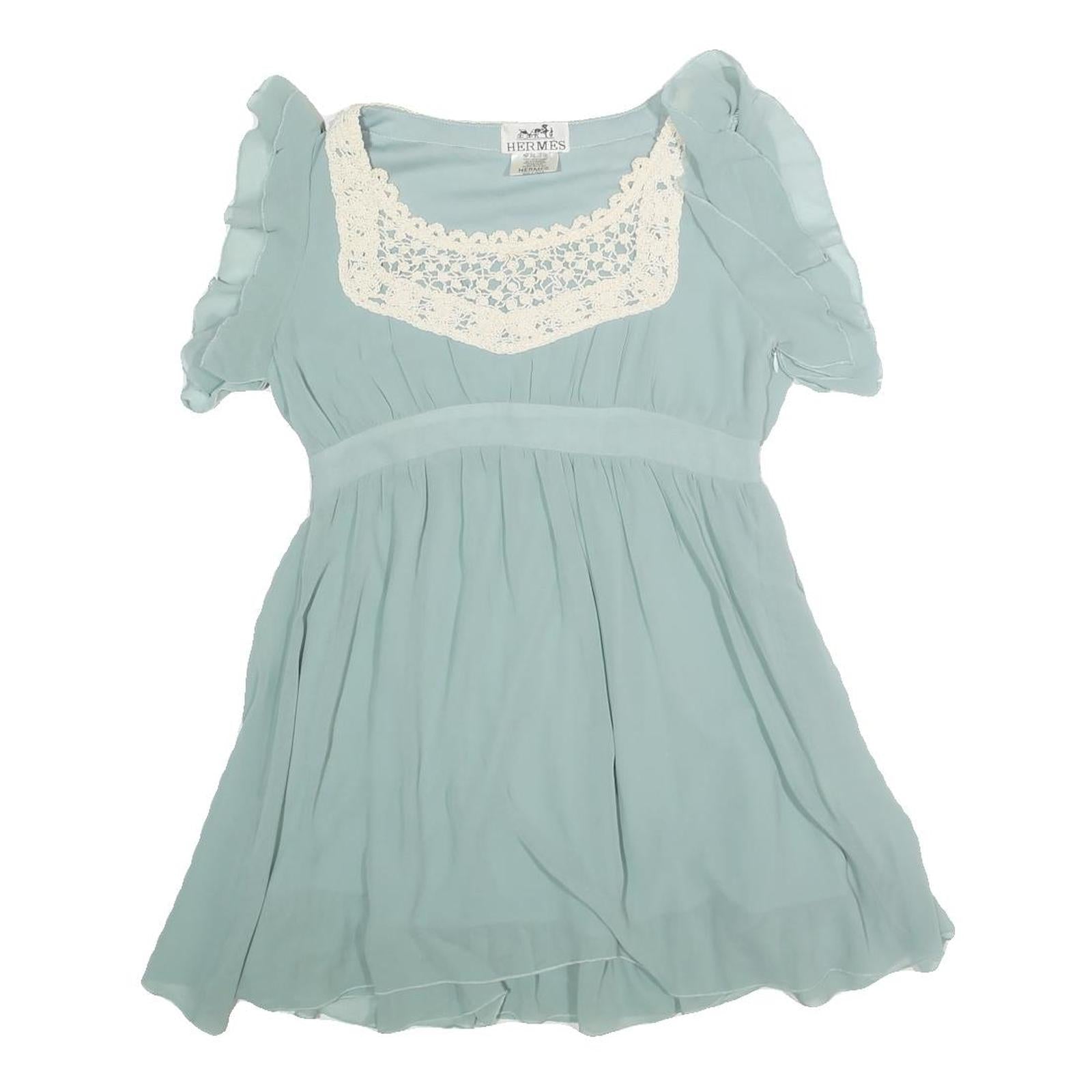 HERMES Womens Light Blue Silk Day Dress Lace Trim Short Sleeve M Elegant Refurbished - N/A refurbished available on Cerqular
