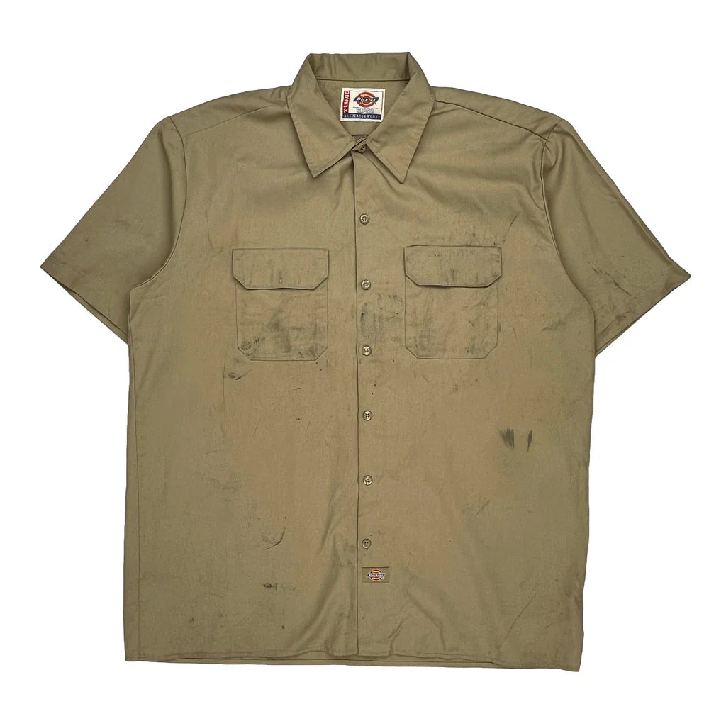 Dickies Short Sleeve Shirt - XL Khaki Polyester Blend Refurbished - Thrifted (note: this is a term often used to describe second- refurbished available on Cerqular