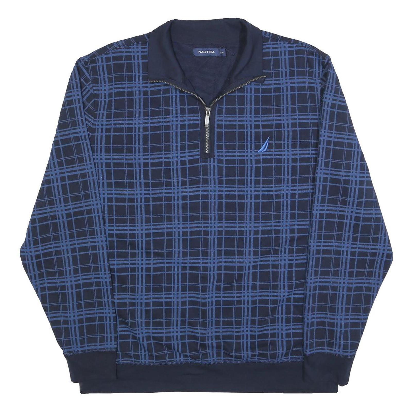NAUTICA Mens Navy Blue Checked Quarter Zip 2XL Cotton Blend Sweatshirt Refurbished - N/A refurbished available on Cerqular