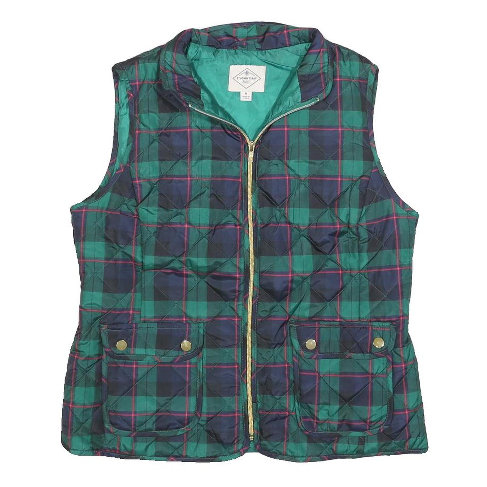 ST JOHNS BAY Womens Green & Blue Tartan Quilted Waistcoat M Polyester Blend Zip Refurbished - N/A refurbished available on Cerqular
