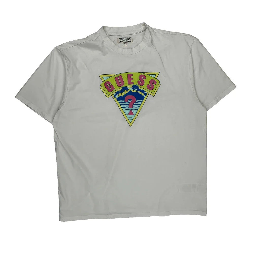 Guess Spellout T-Shirt - XL White Cotton Refurbished - Thrifted (note: this is a term often used to describe second- refurbished available on Cerqular