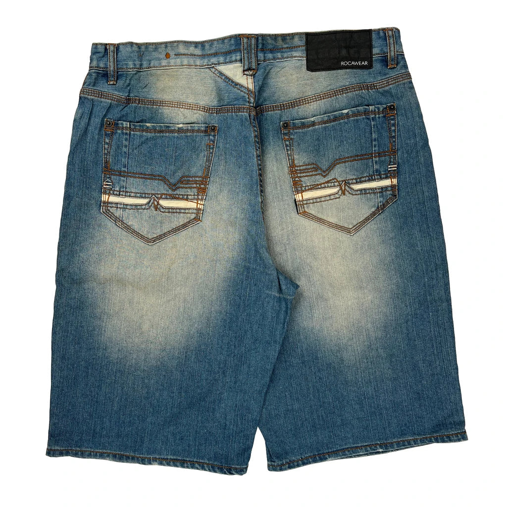 Rocawear Denim Shorts - 36W 12L Light Wash Cotton Refurbished - Thrifted (note: this is a term often used to describe second- refurbished available on Cerqular