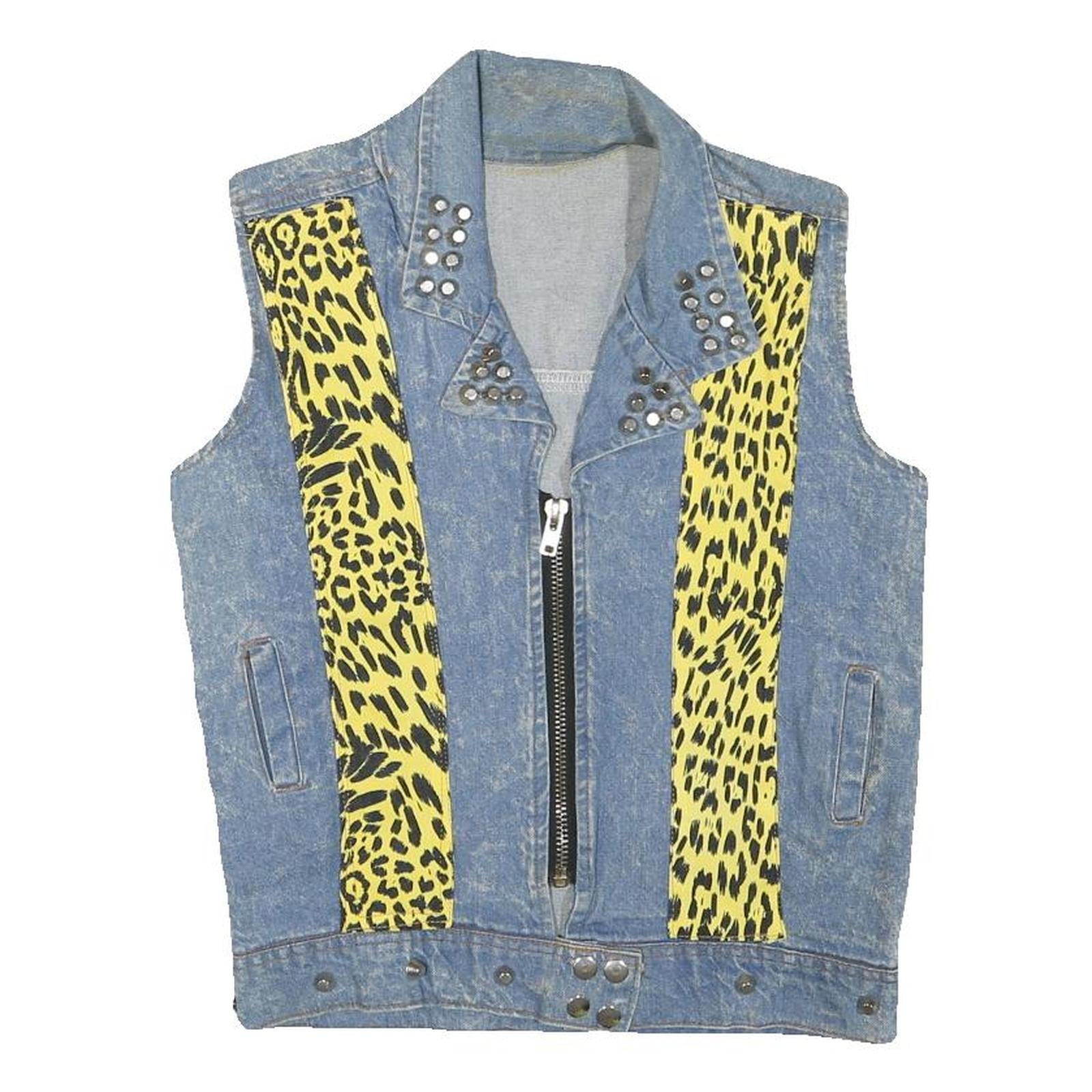 Womens Blue & Yellow Denim Animal Print Zip Jacket XS Cotton Blend Sleeveless Refurbished - N/A refurbished available on Cerqular