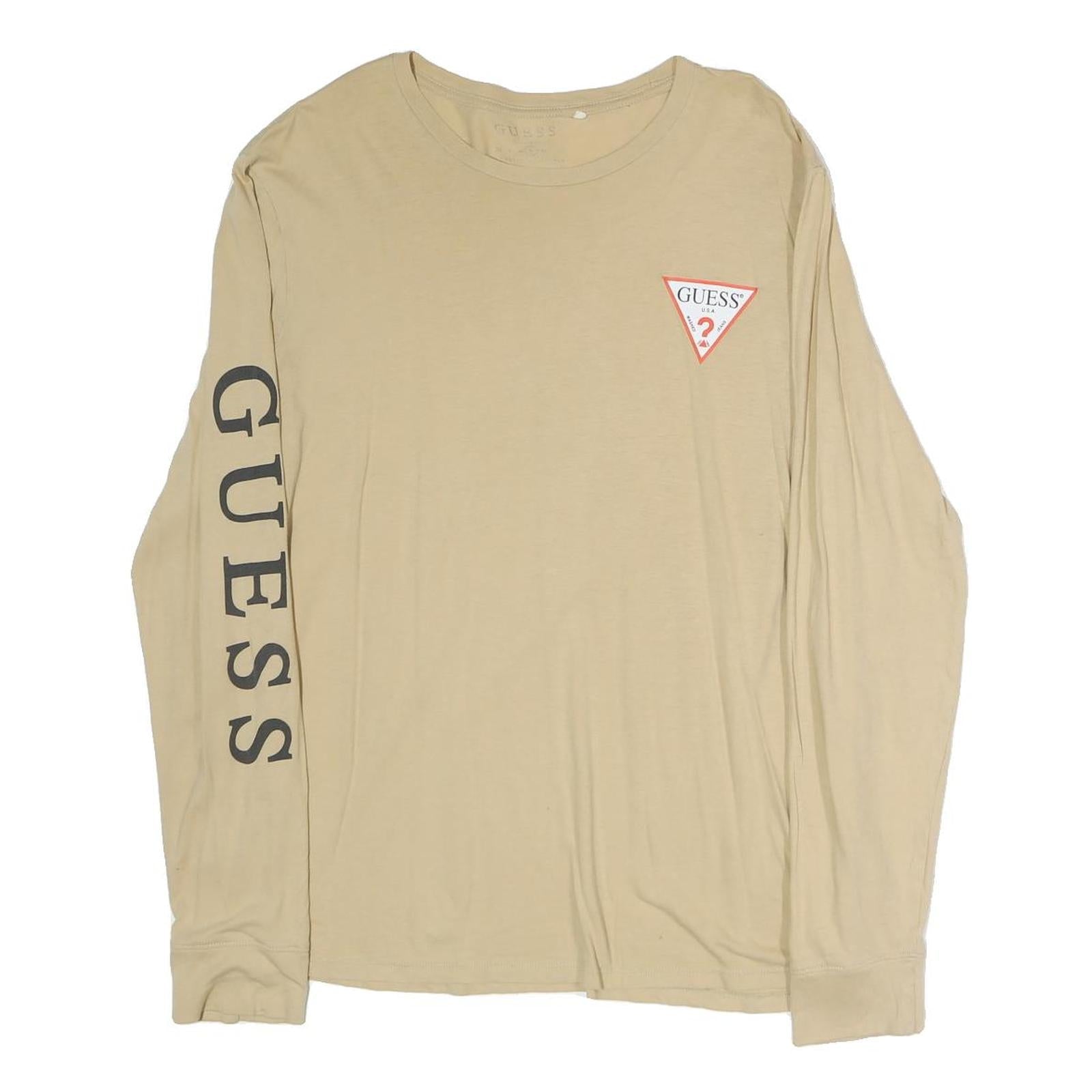GUESS Mens Beige Long Sleeve Crew Neck Cotton T-Shirt L Logo Print Refurbished - N/A refurbished available on Cerqular