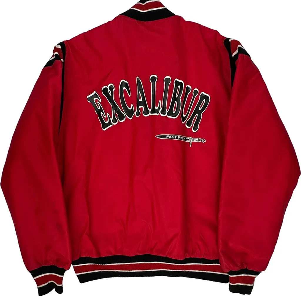 Excalibur Fast Pitch Delong Varsity Jacket - Large Red Polyester Refurbished - Thrifted (note: this is a term often used to describe second- refurbished available on Cerqular