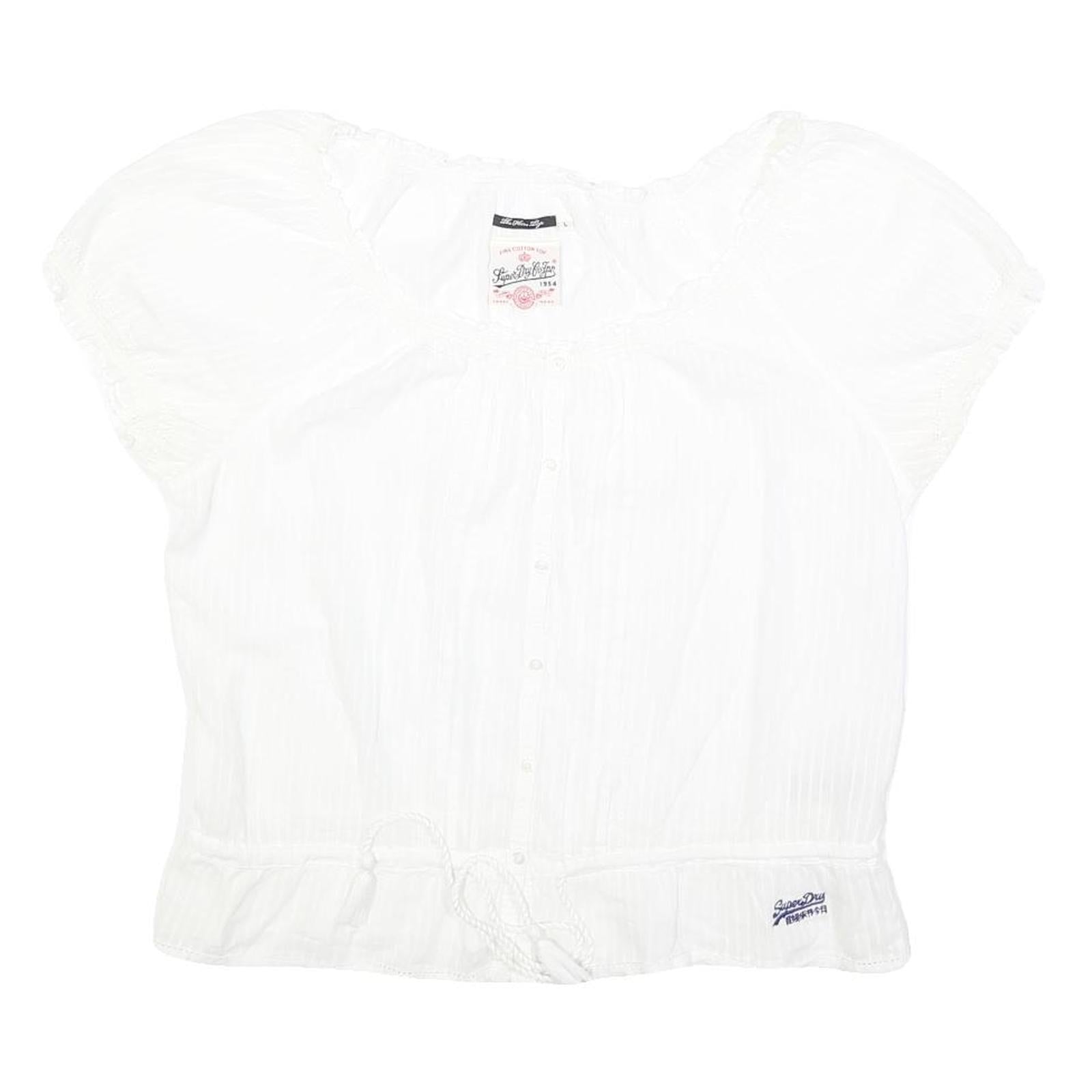 SUPERDRY Womens White Bardot Top Short Sleeve Button Neck Plain L Cotton Blend Refurbished - N/A refurbished available on Cerqular