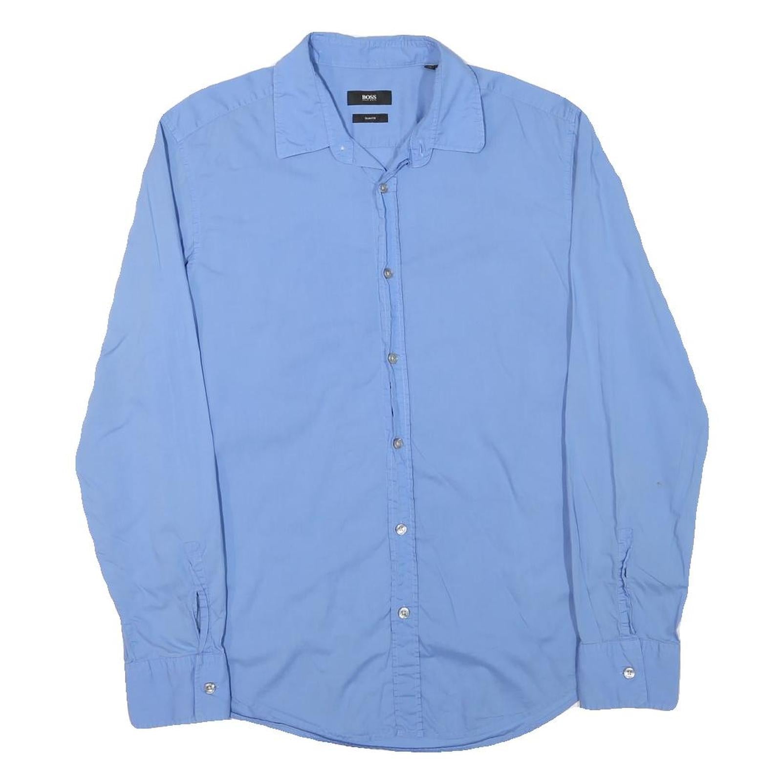 HUGO BOSS Mens Blue Plain Shirt M Classic Cotton Blend Long Sleeve Button Collar Refurbished - N/A refurbished available on Cerqular