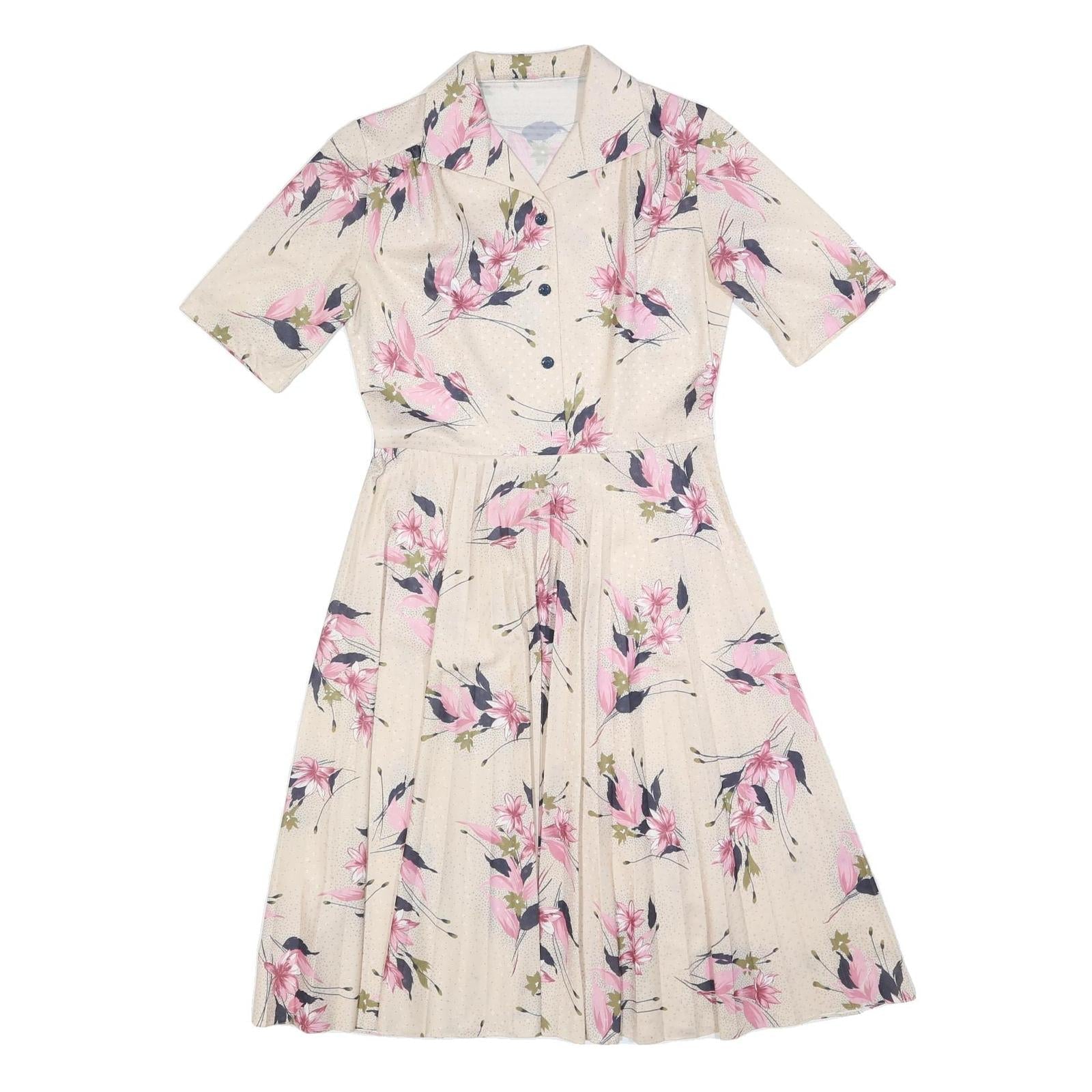 Womens Cream & Pink Floral Day Dress Polyester Blend Short Sleeve Midi Size M Refurbished - N/A refurbished available on Cerqular
