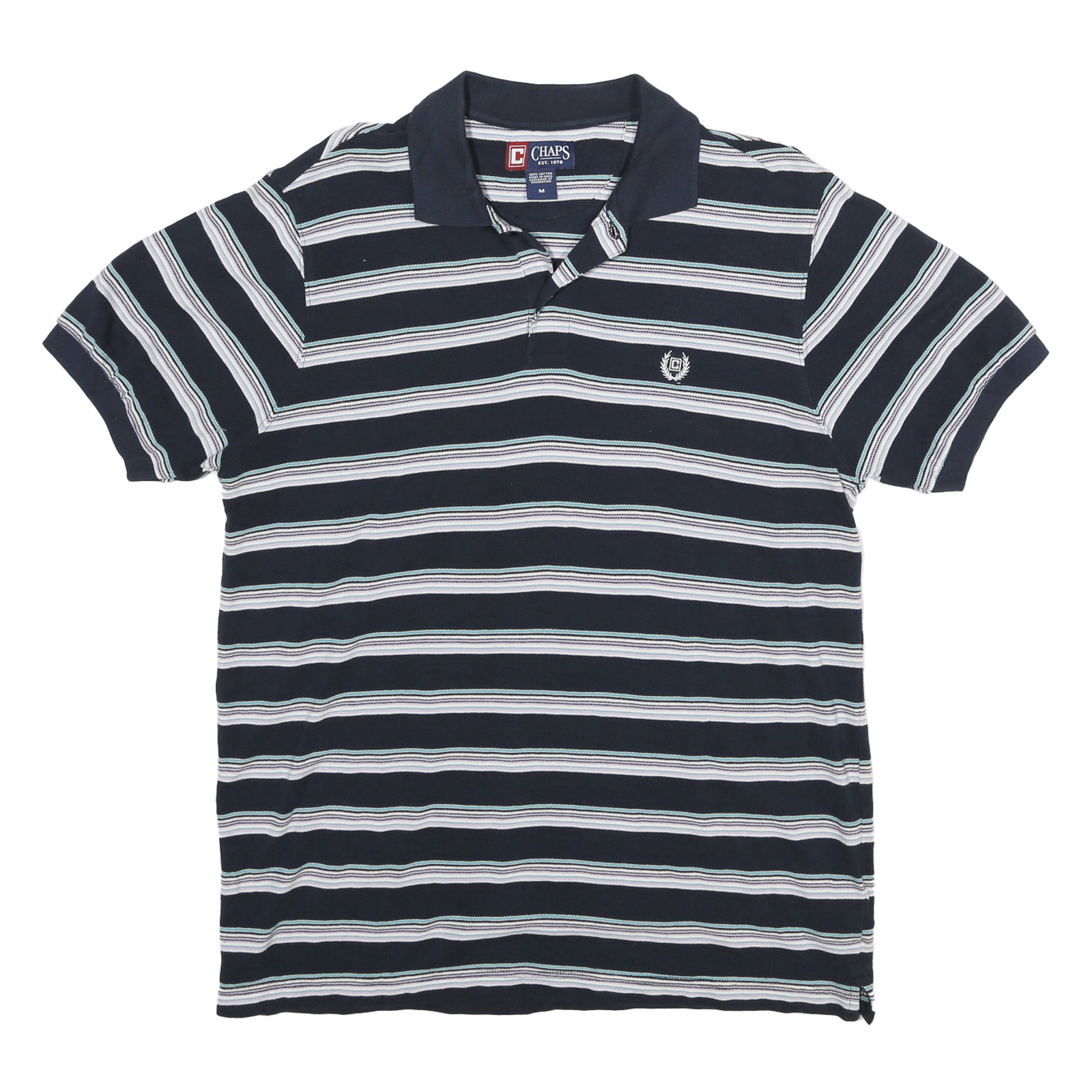 CHAPS Mens Blue White & Green Stripe Short Sleeve Polo Shirt M Classic Cotton Refurbished - N/A refurbished available on Cerqular