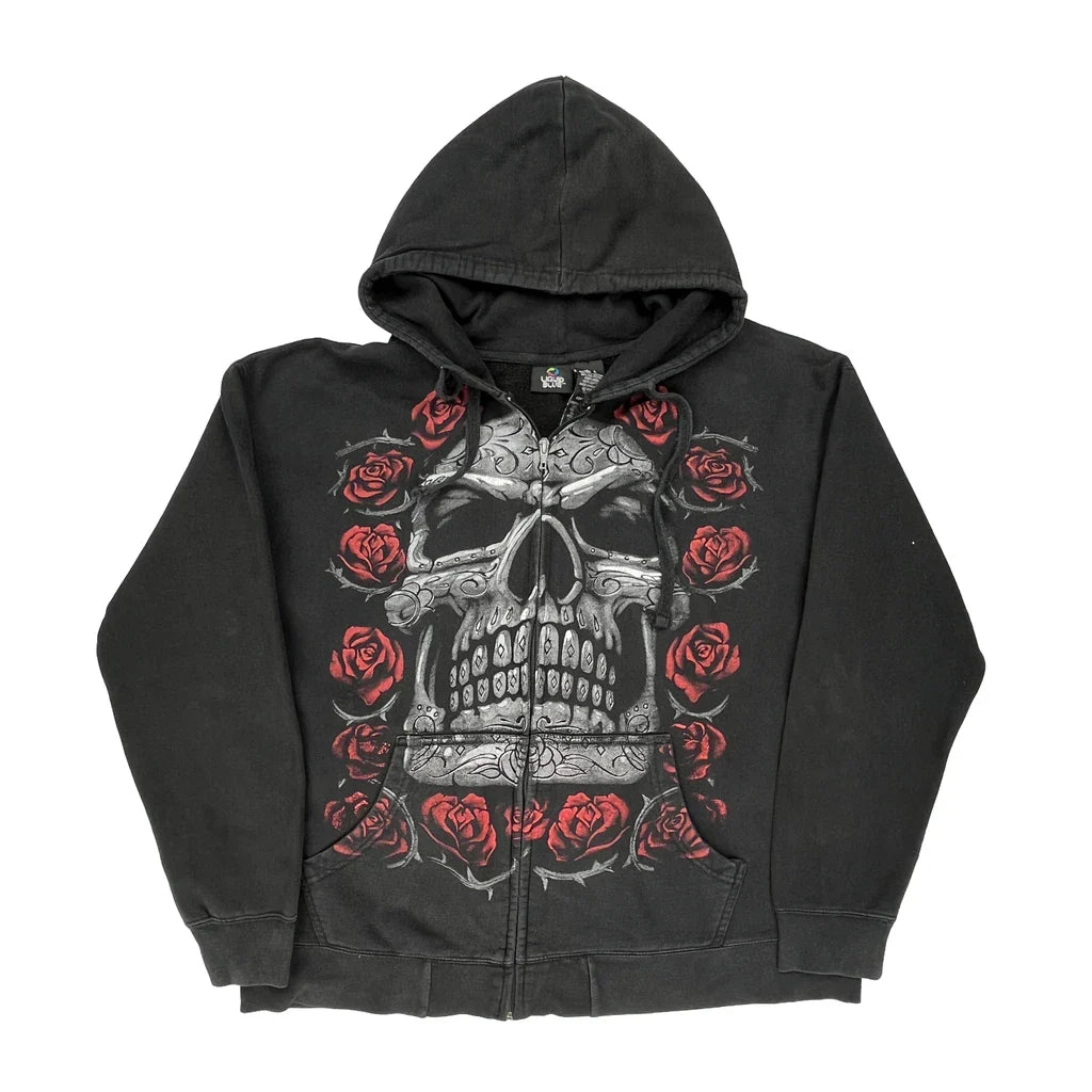 Skull And Roses Liquid Blue Graphic Hoodie - Large Black Cotton Blend Refurbished - Thrifted (note: this is a term often used to describe second- refurbished available on Cerqular