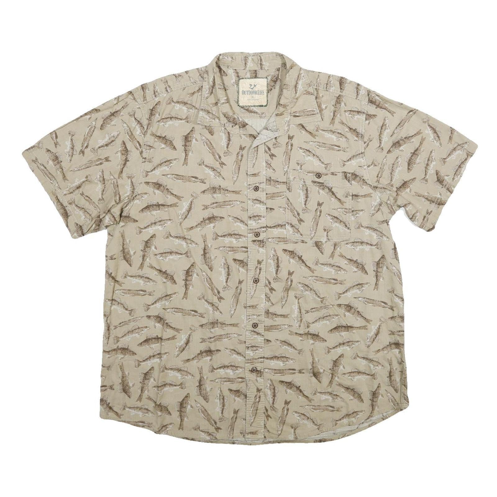 OUTDOOR LIFE Mens Beige Fish Pattern Short Sleeve Cotton Shirt XL Casual Refurbished - N/A refurbished available on Cerqular